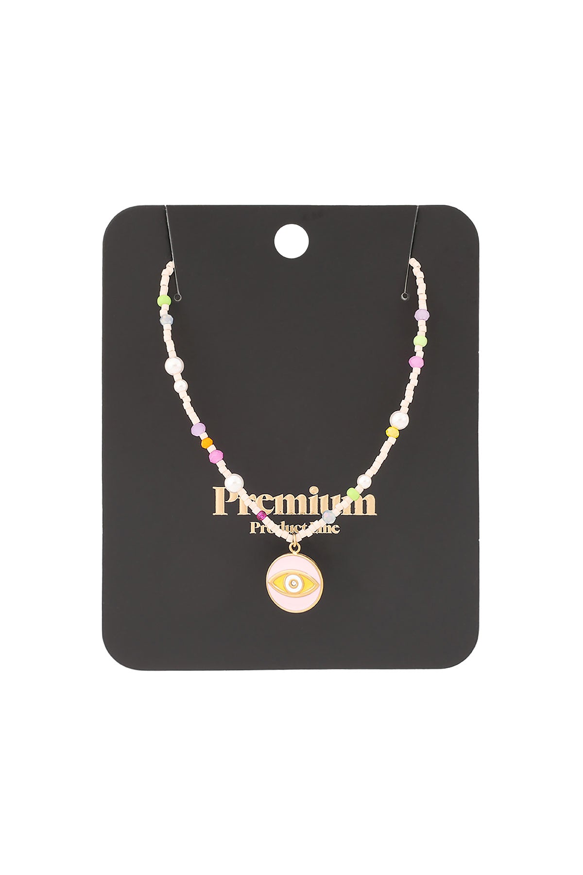 Beaded eye necklace displayed on black premium product card