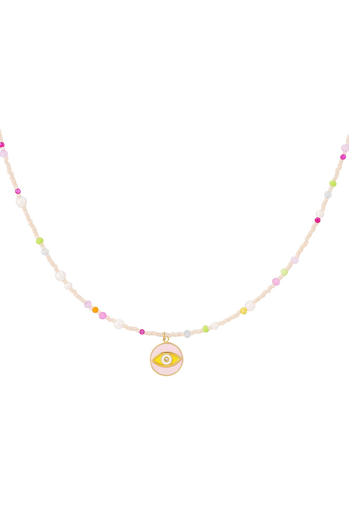Close-up of colorful beaded necklace with yellow eye charm on white background