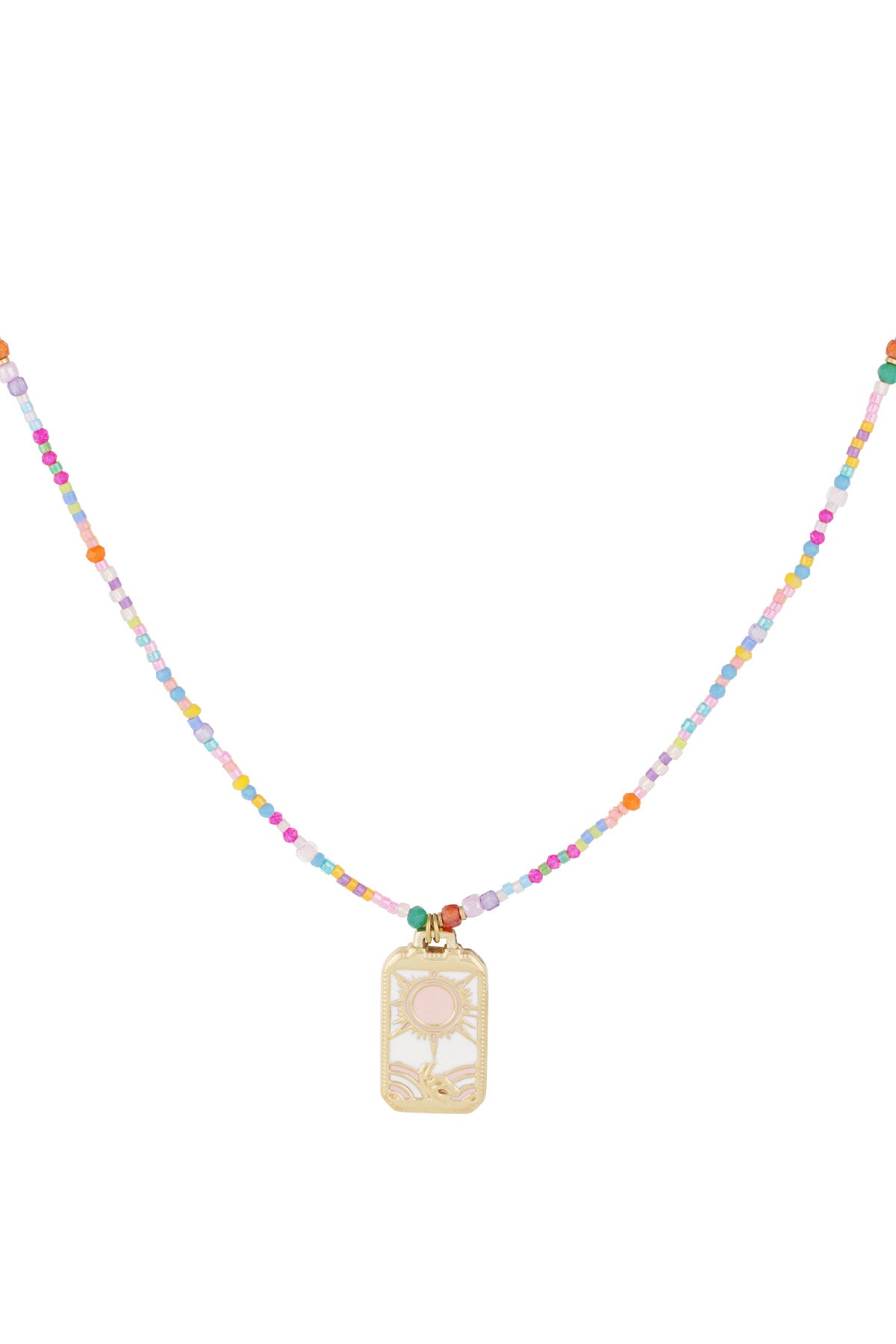 Close-up of a colorful beaded necklace with pink and pastel beads and a gold-tone sun charm pendant with pink center