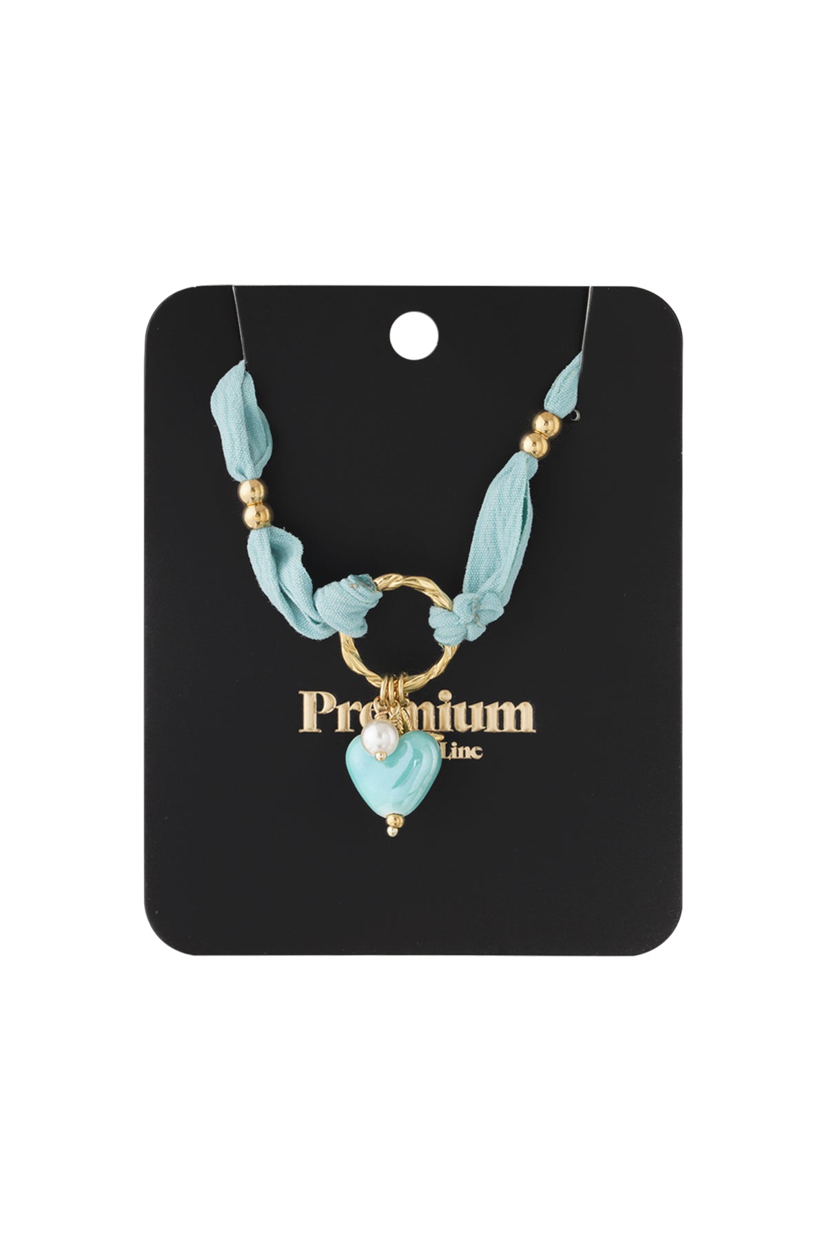 Braided heart charm necklace displayed on black 'Premium Line' packaging card, showcasing gold and blue details.