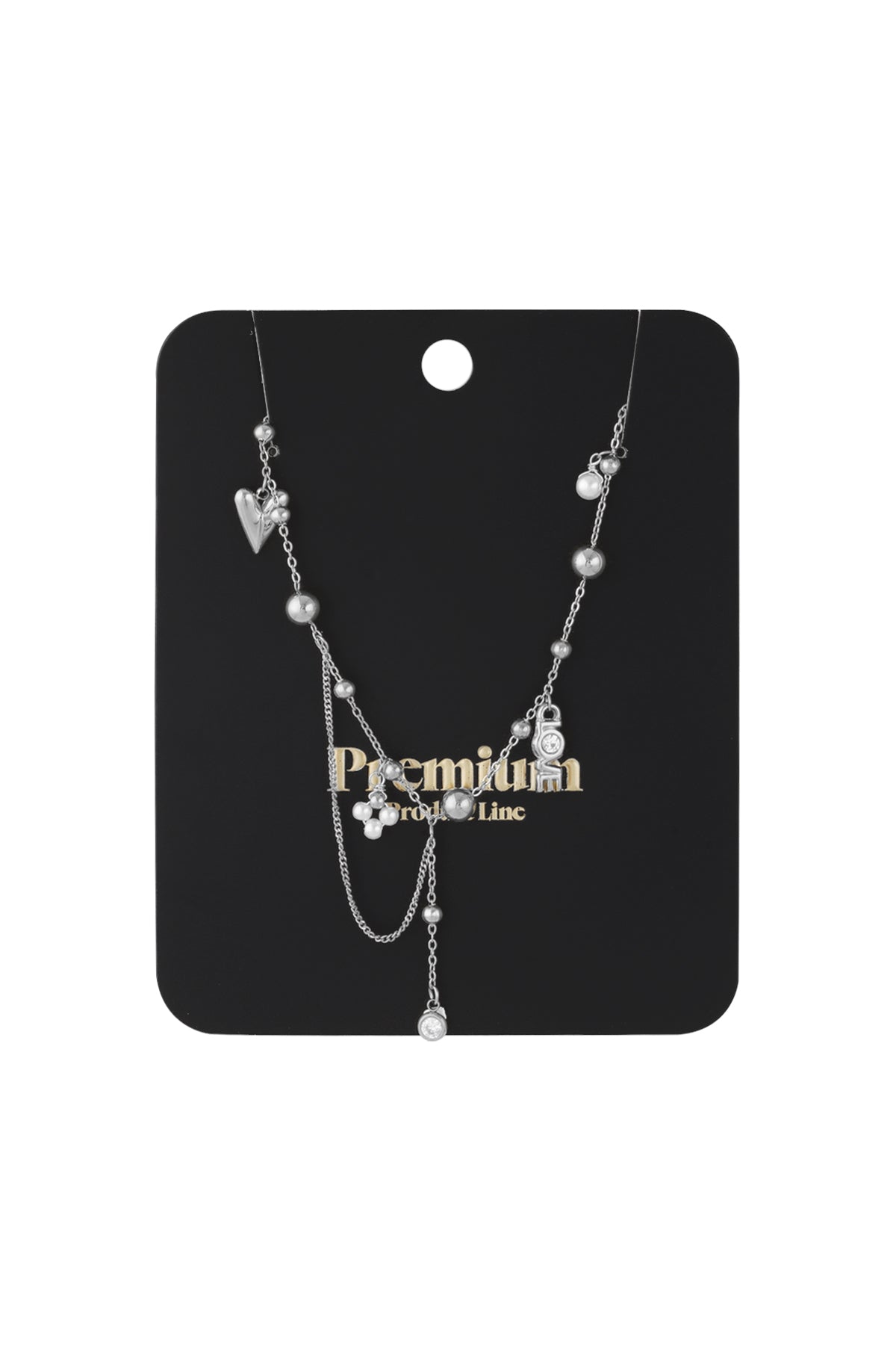 Silver charm pendant necklace displayed on black packaging card with 'Premium' branding