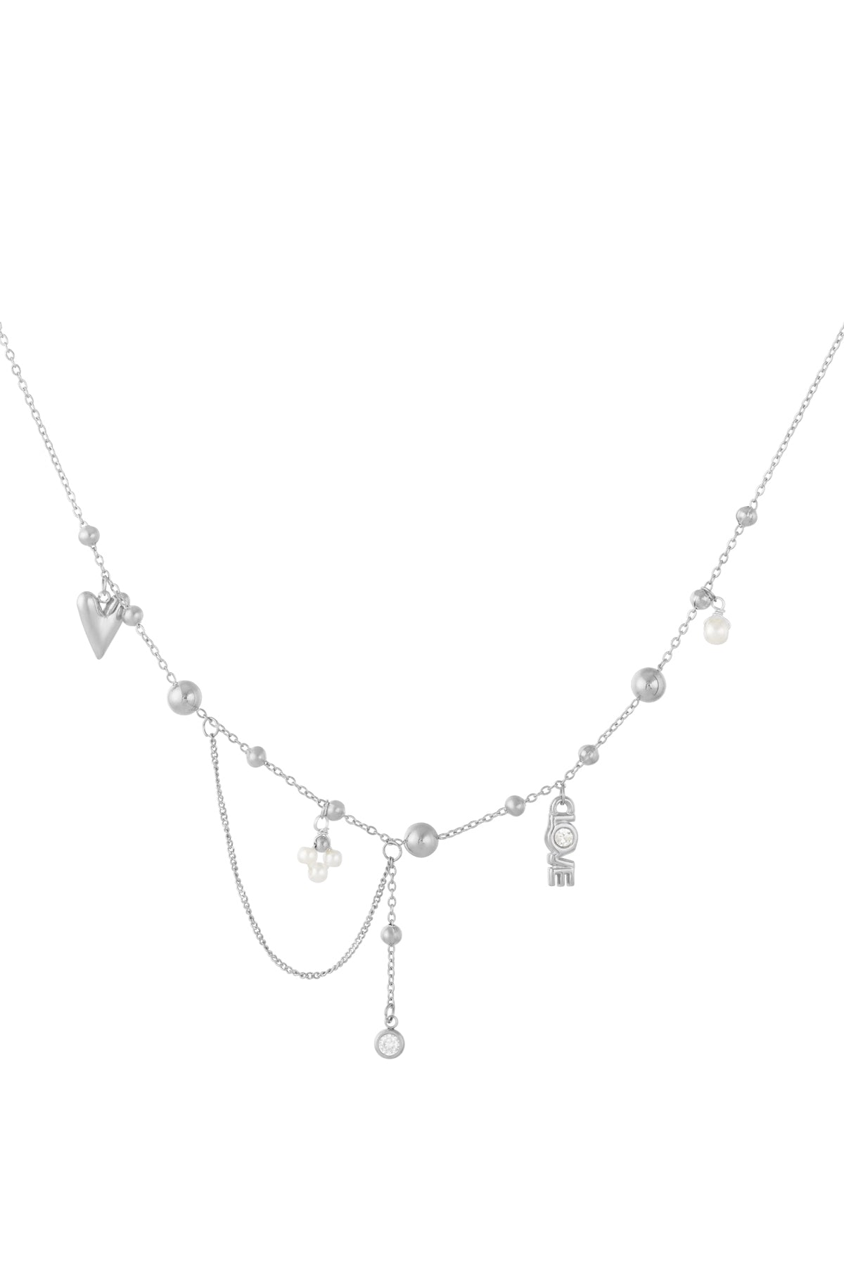 Silver tone pendant necklace laid flat highlighting fine chain, small silver beads, pearls, LOVE letter charm, and dangling crystal pendant