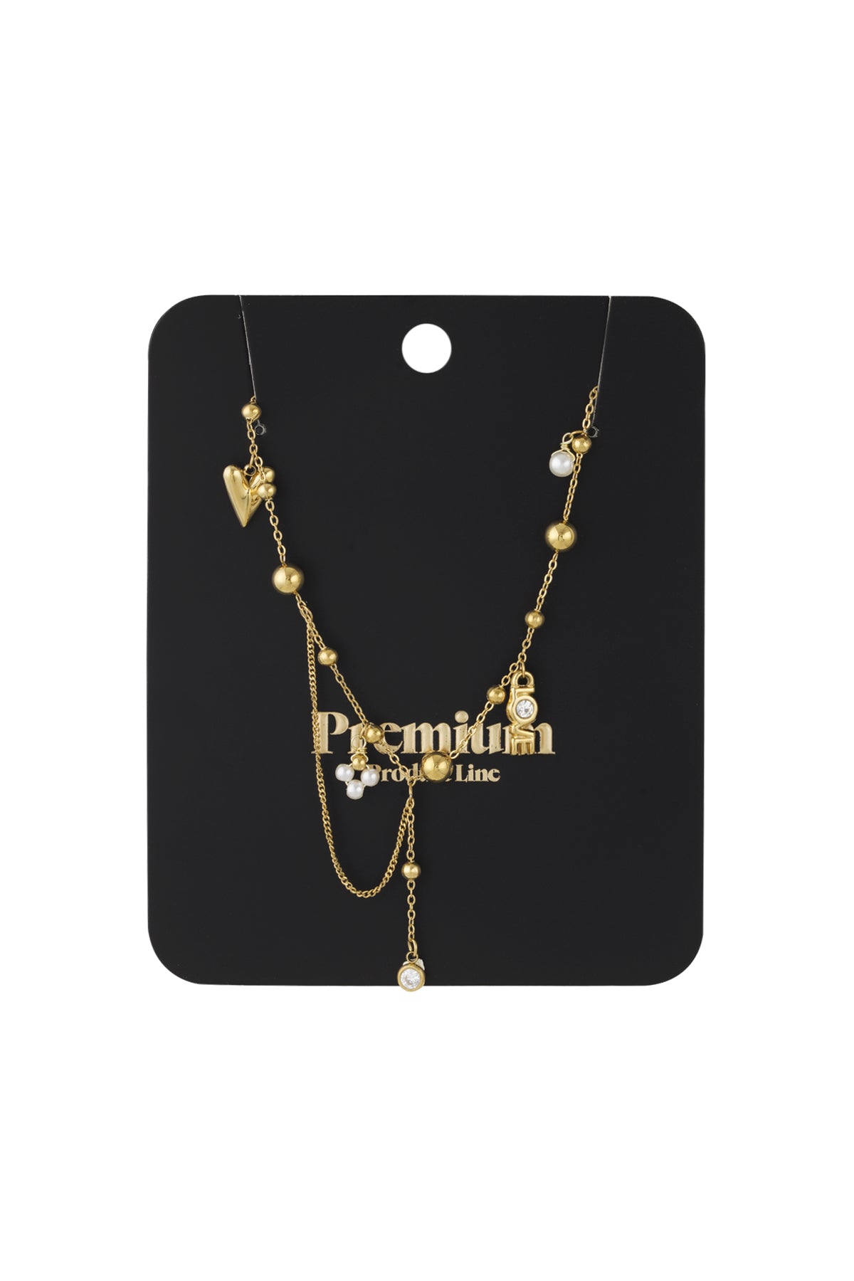 Gold pendant necklace displayed on black packaging card with 'Premium' branding