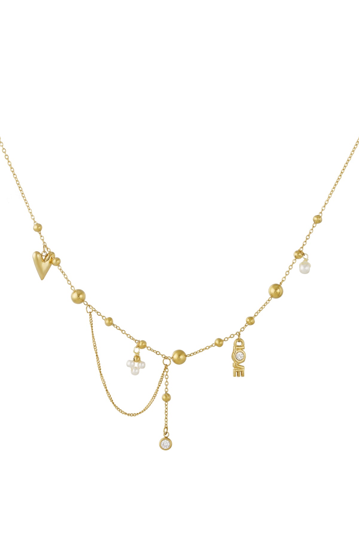 Gold toned pendant necklace featuring heart, pearl clusters, and LOVE letter charms with dangling chain accents on white background