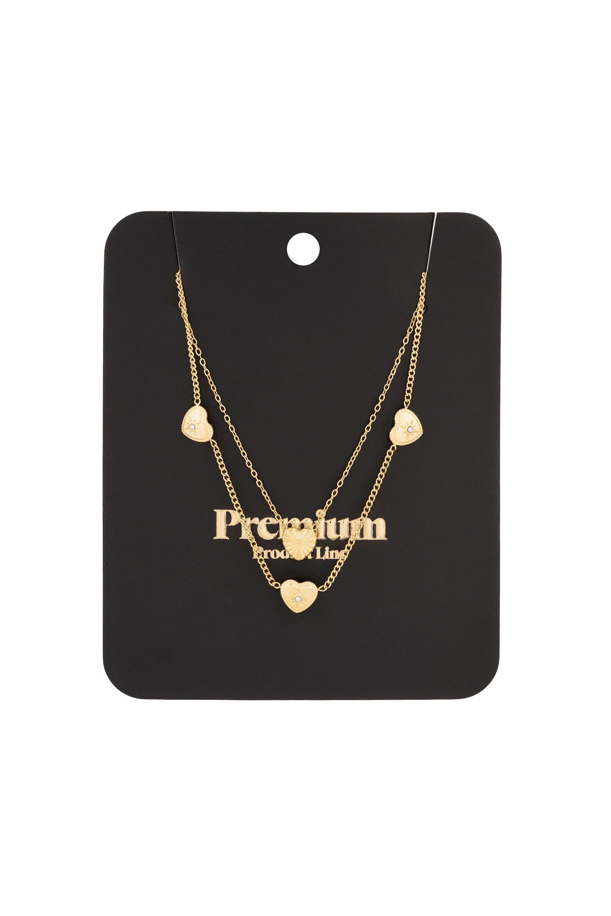 Gold-tone layered heart necklace on black display card with Premium branding