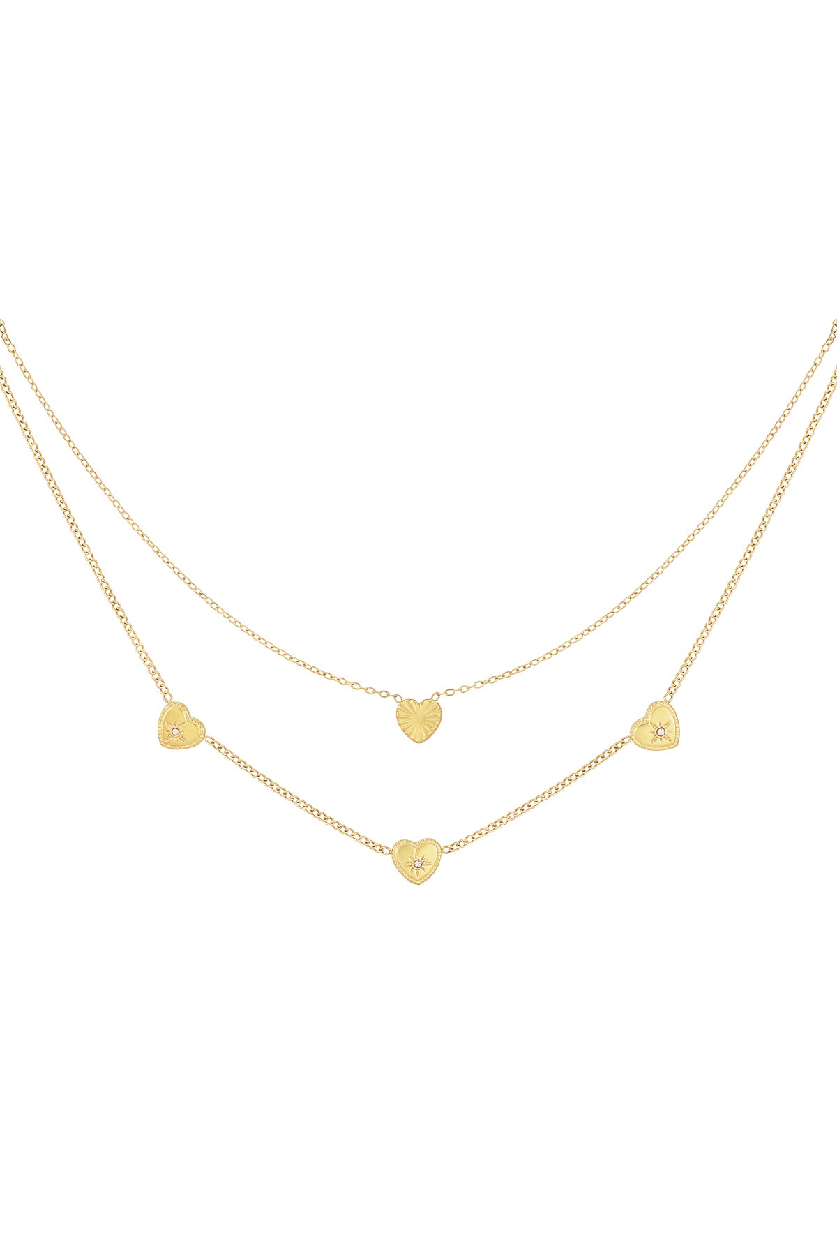 Delicate gold-tone double layered necklace with five small heart charms adorned with rhinestones on white background