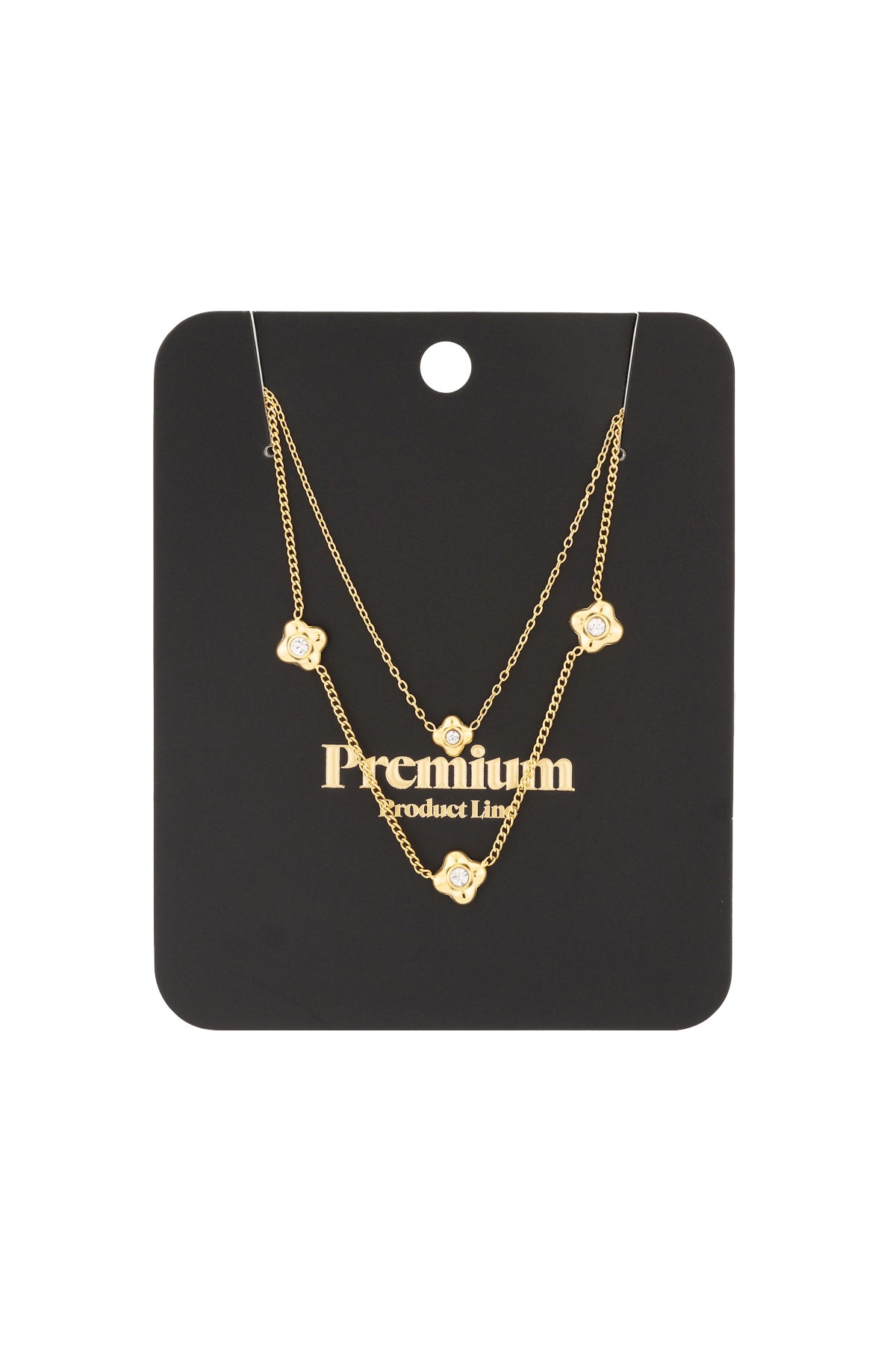 Gold tone layered flower necklace on black card packaging labeled premium, highlighting elegant presentation