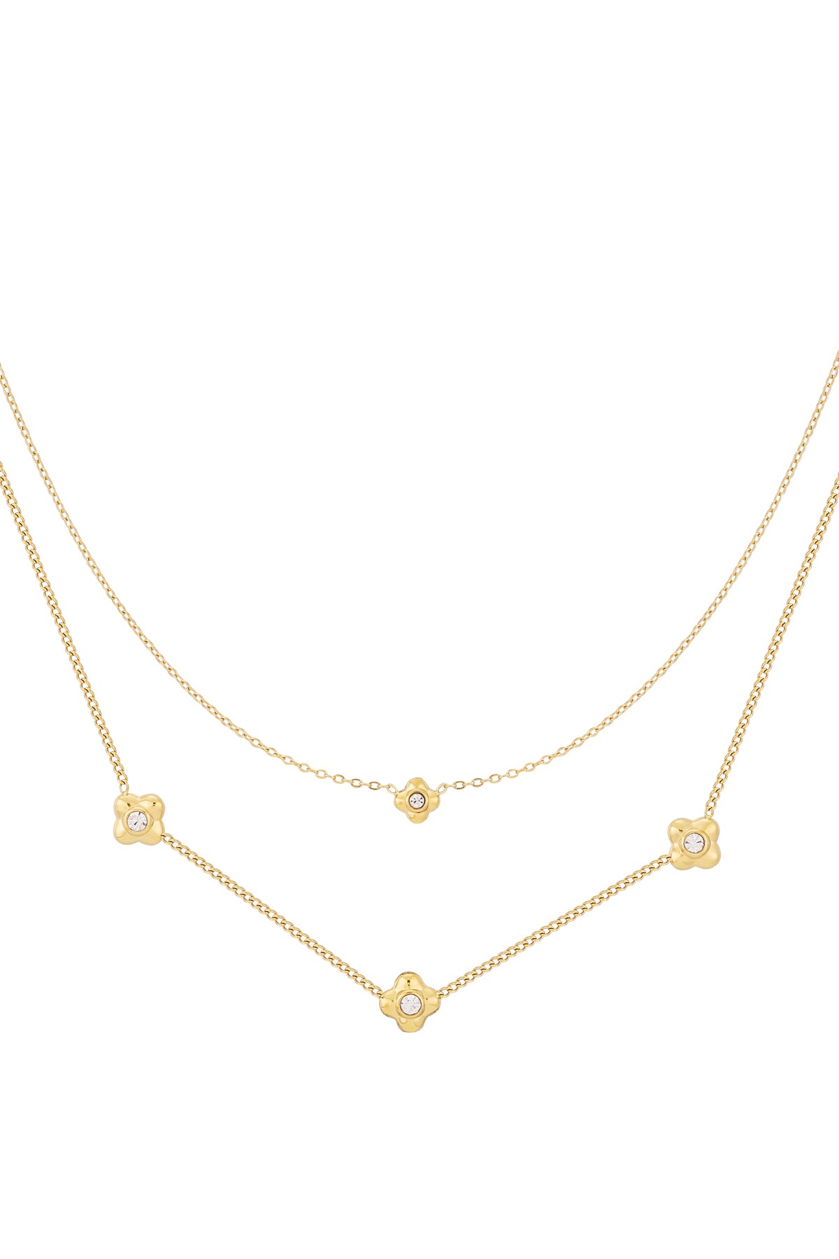 Close-up of delicate gold tone layered necklace with flower-shaped rhinestone accents on white background