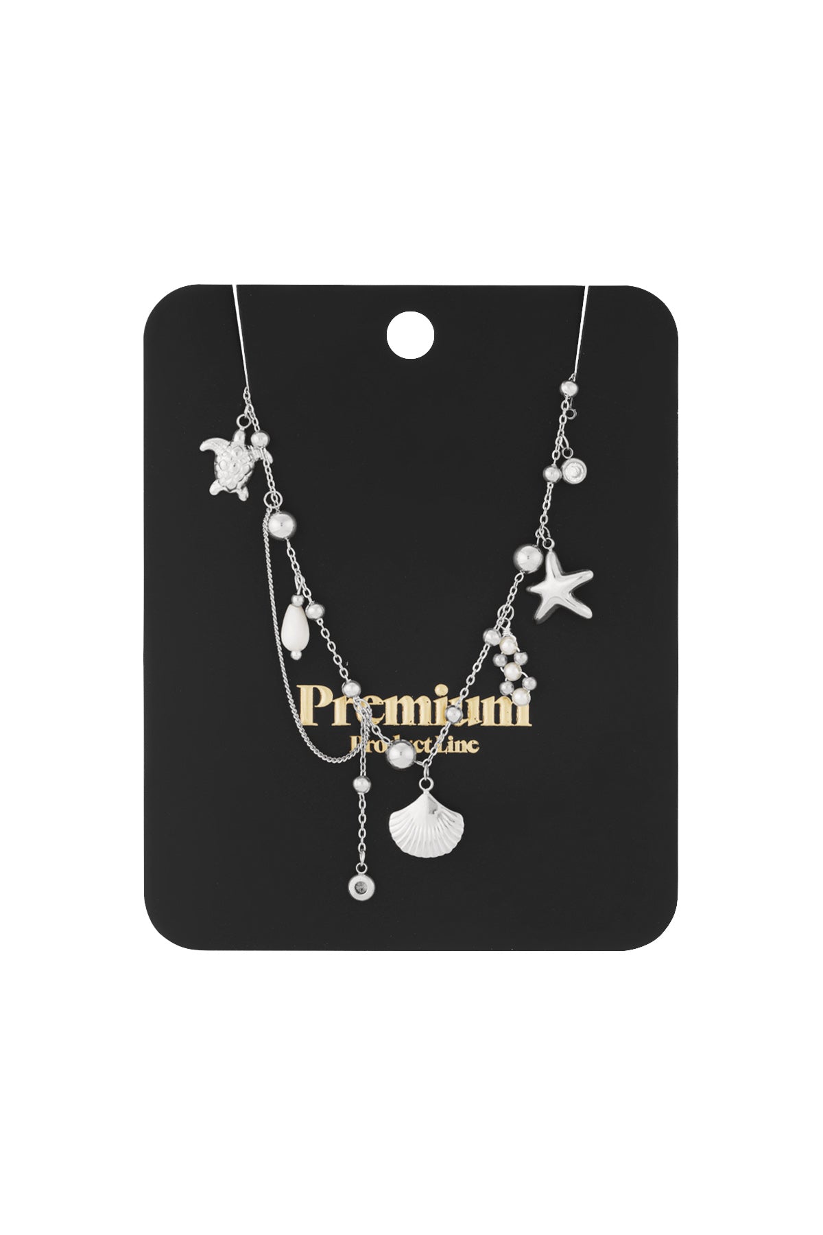 Silver ocean charm necklace with turtle, scallop, starfish and pearl charms on white background