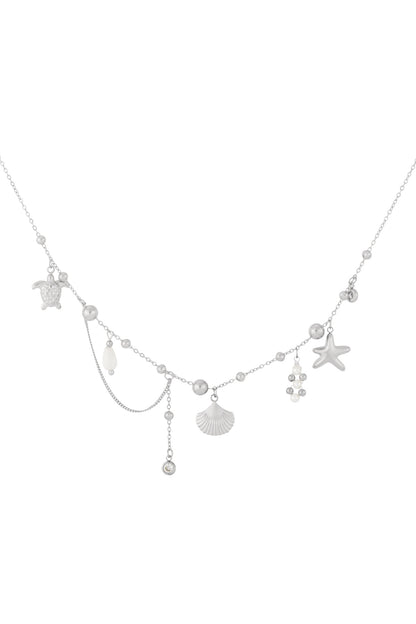 Azure Vibe silver chain necklace featuring dangling charms: sea turtle, seashell, starfish, and pearl accents.