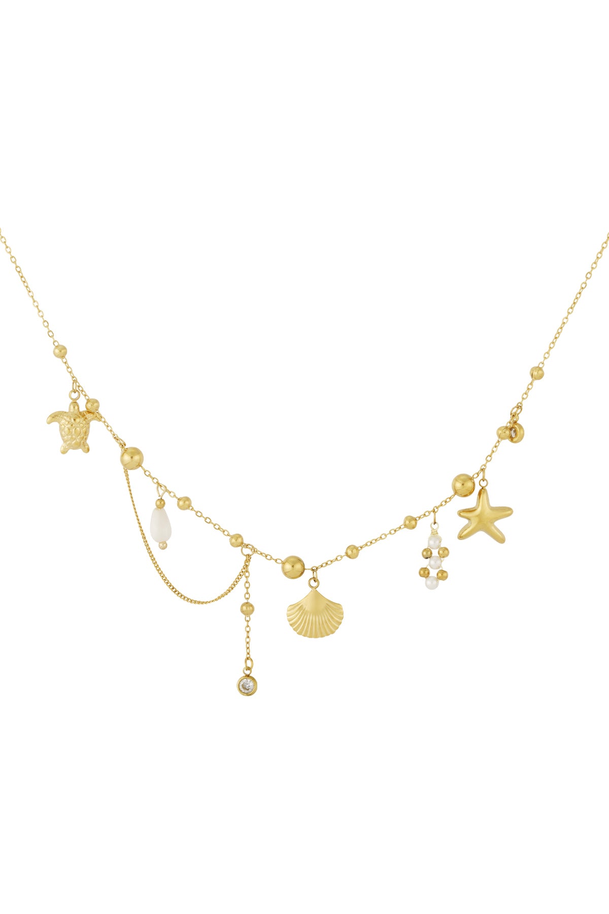Gold necklace with ocean-themed charms including turtle, starfish, scallop shell, and pearl detail on delicate chain