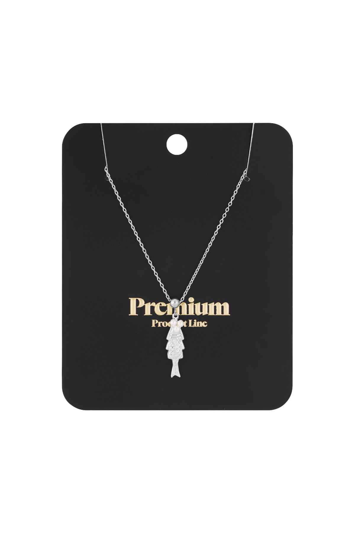 Gold fish pendant necklace with pearl accents displayed on white background
