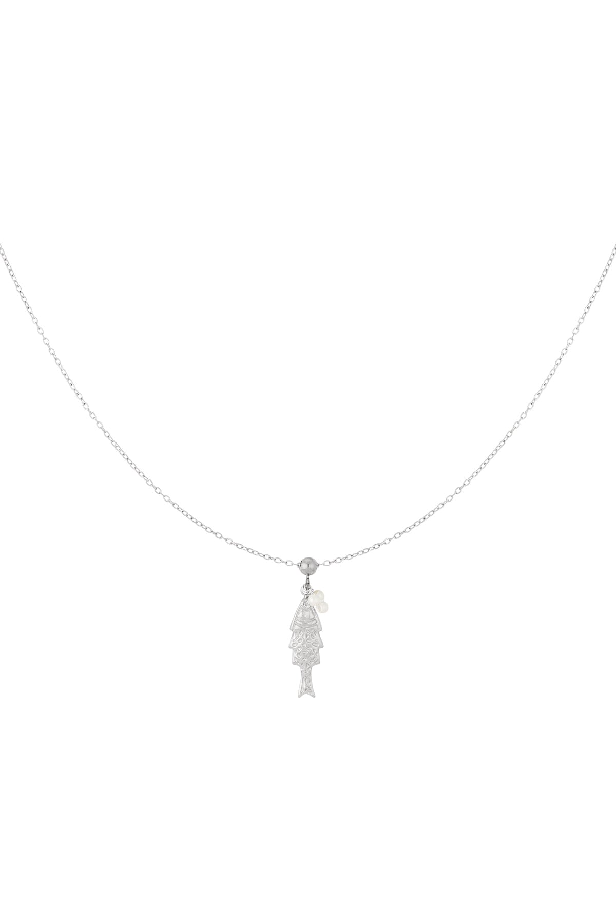 Silver fish pendant necklace with delicate pearl accents on a thin chain