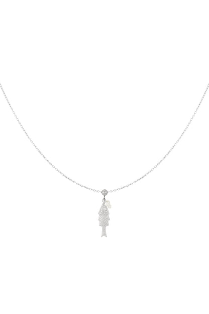 Silver fish pendant necklace with delicate pearl accents on a thin chain