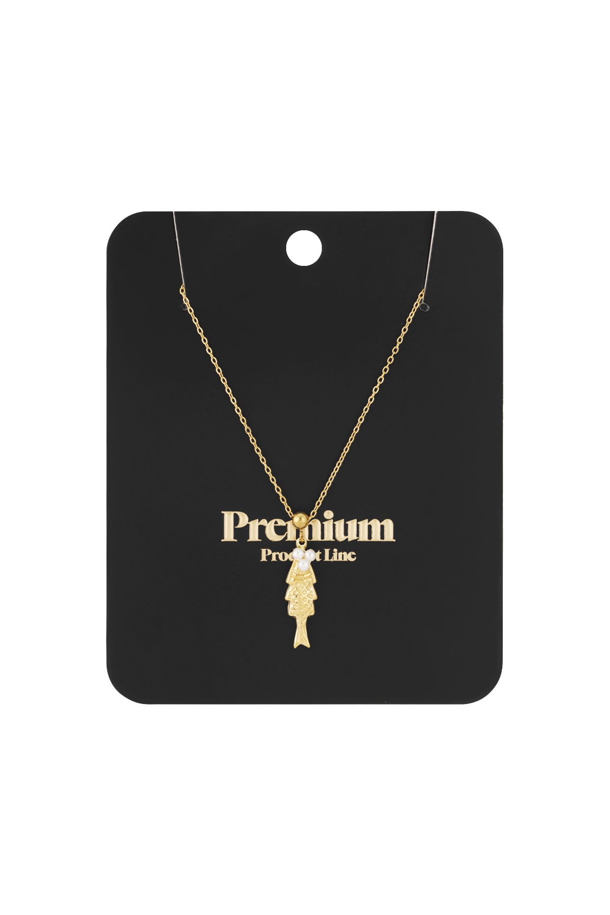 Gold fish pendant necklace displayed on a black jewellery card labelled Premium Product Line