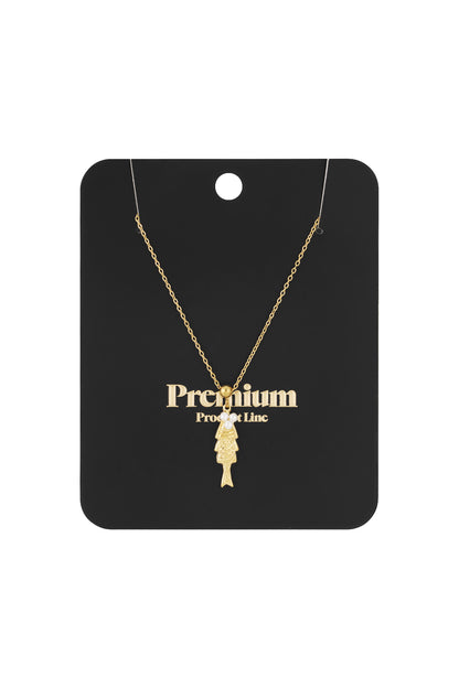 Gold fish pendant necklace displayed on a black jewellery card labelled Premium Product Line