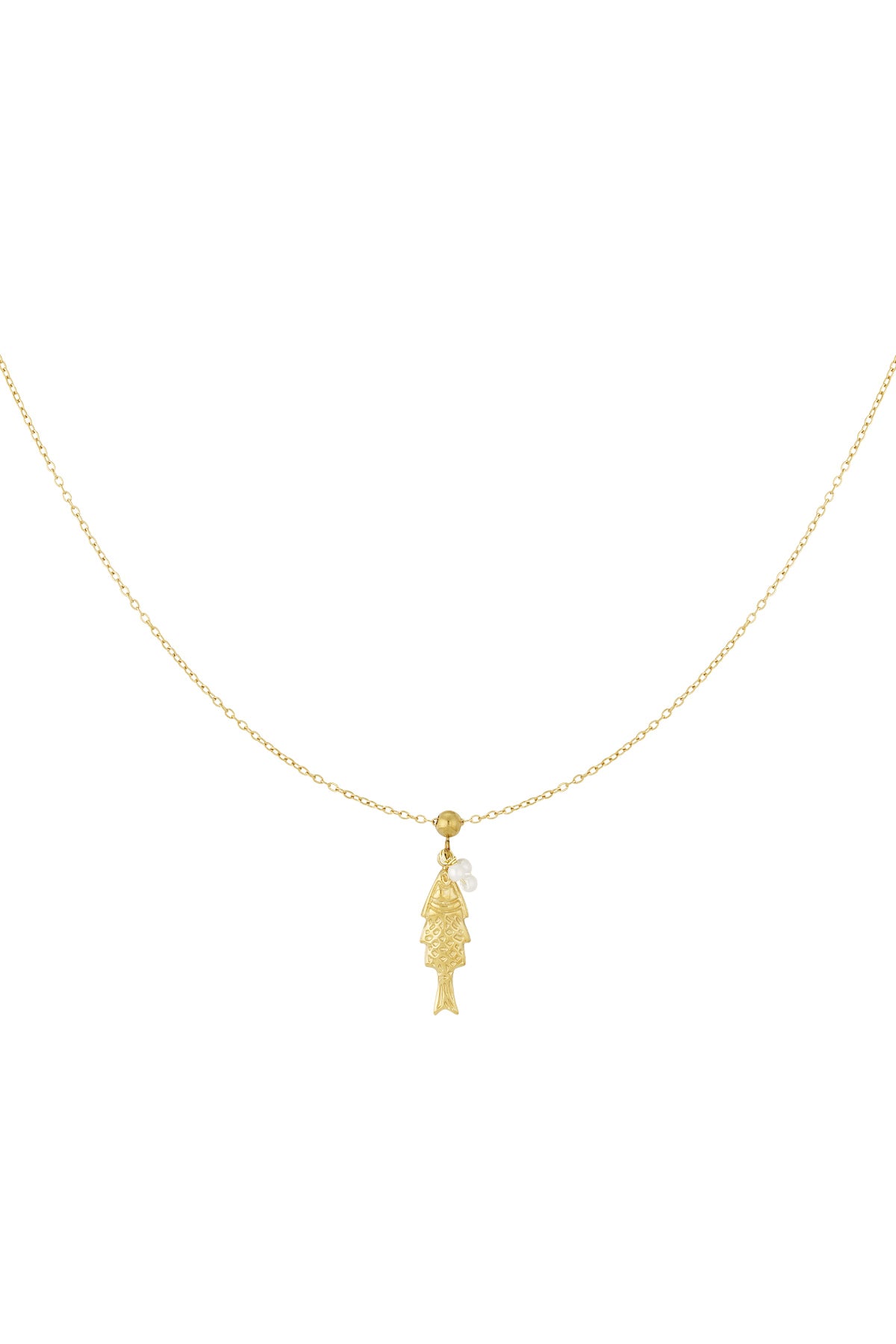 Gold chain necklace with a textured fish pendant and tiny white pearl accent.