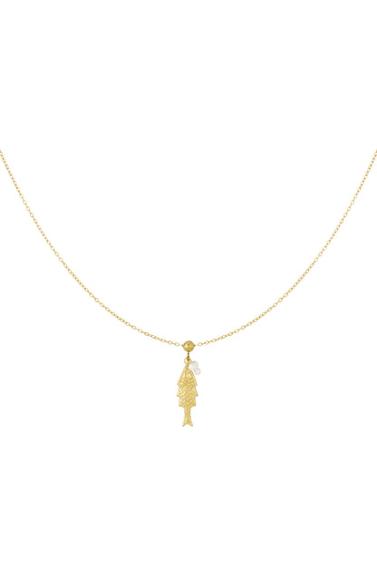 Gold chain necklace with a textured fish pendant and tiny white pearl accent.