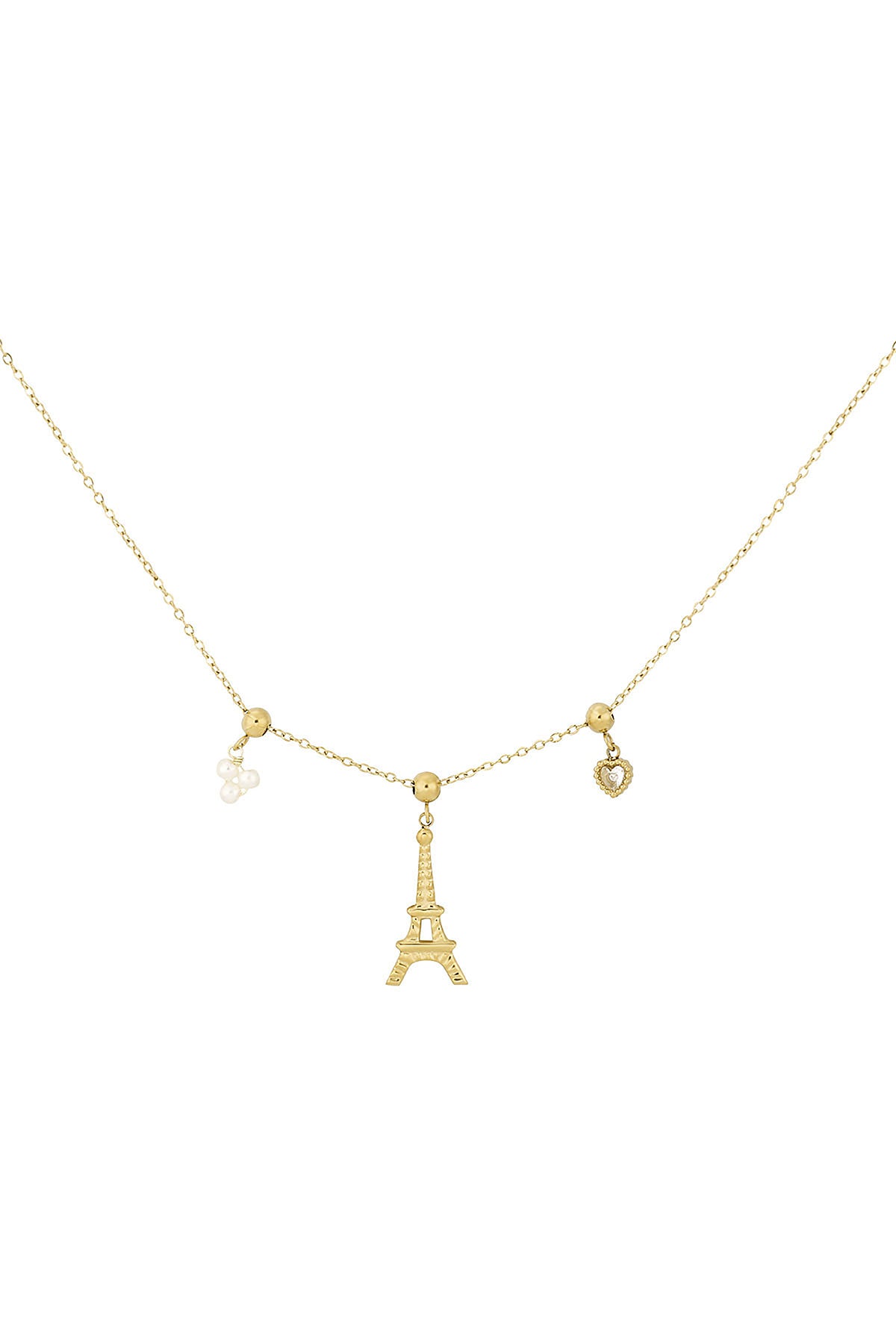 Gold chain necklace with Eiffel Tower, pearl cluster, and heart-shaped charms on white background
