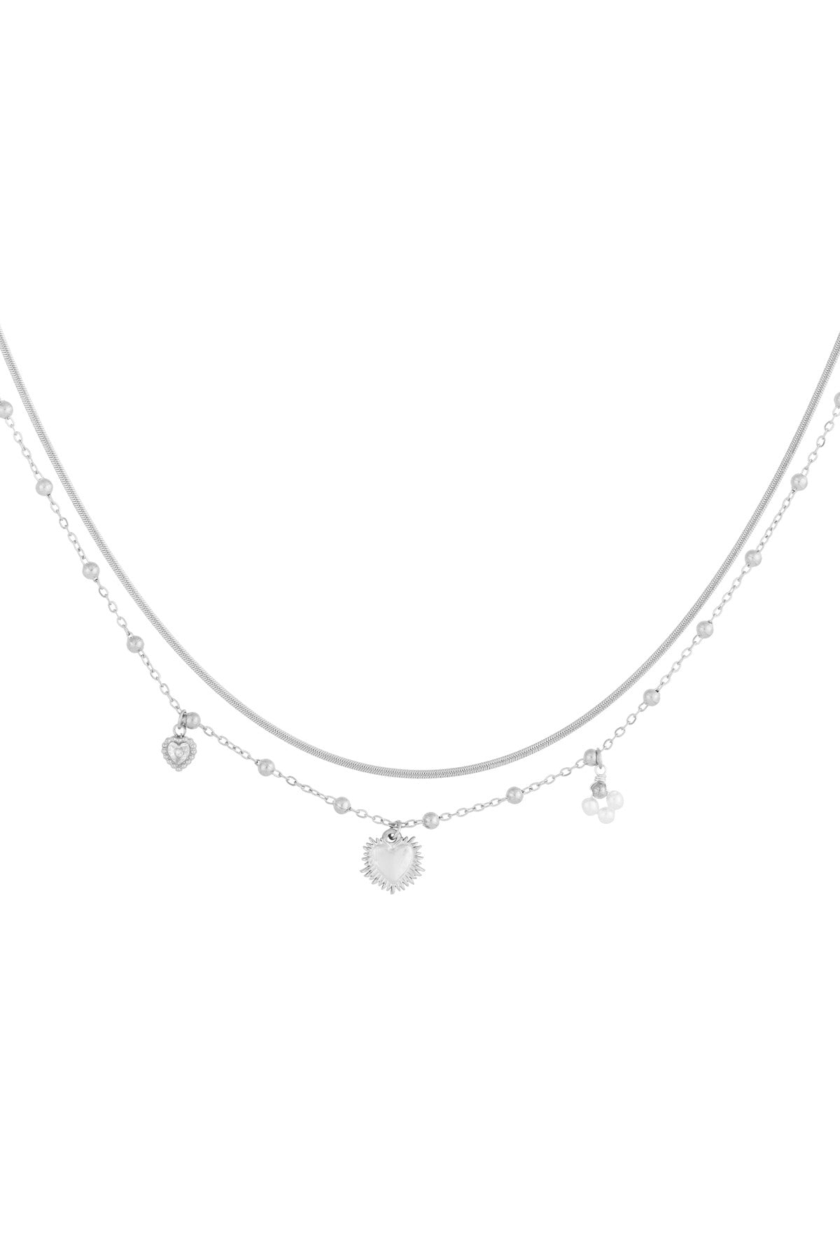 Silver-tone layered necklace with heart charm, beaded chain, and pearl cluster on white background