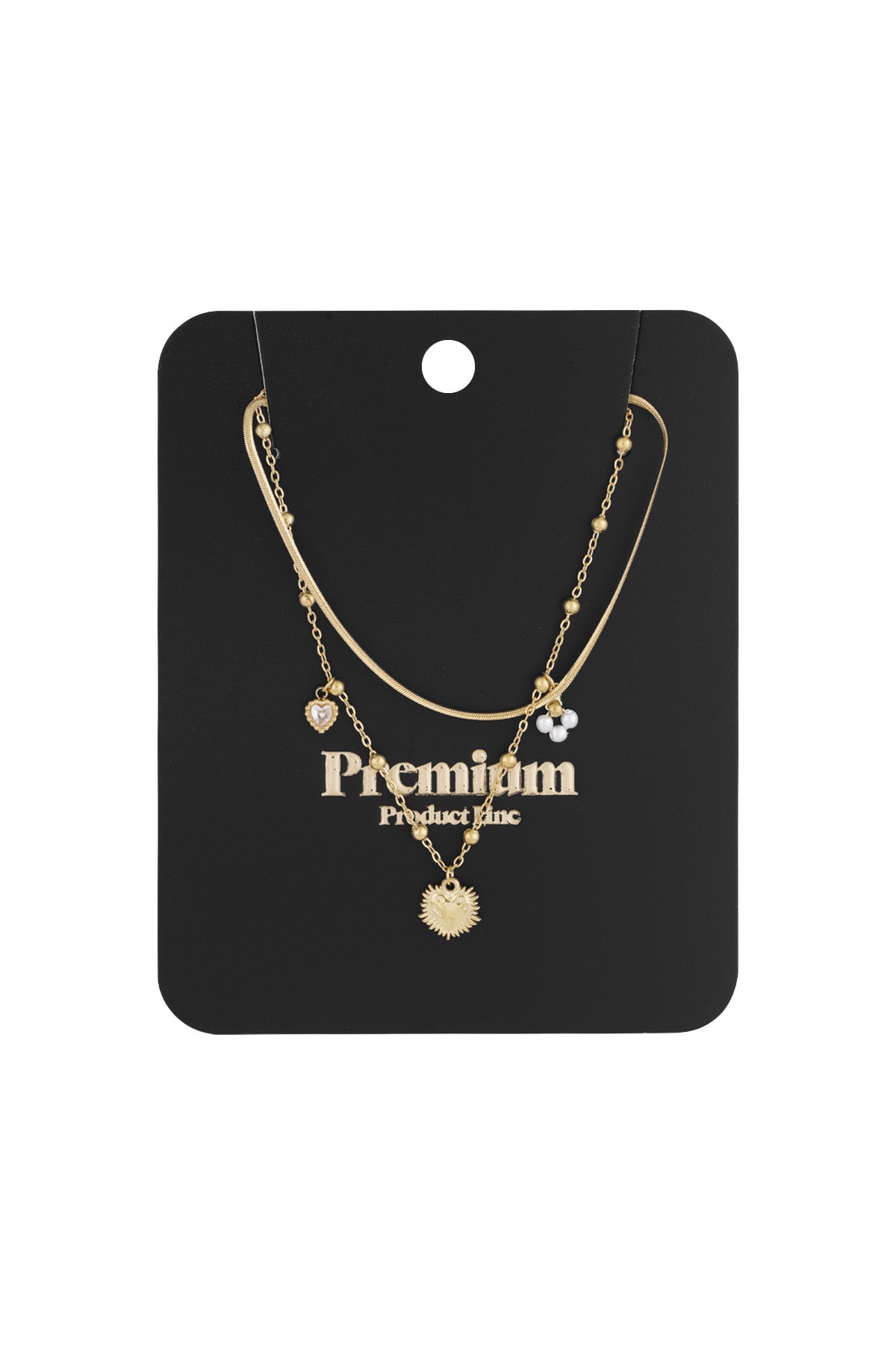 Gold-tone layered heart charm necklace displayed on black card with Premium Product Inc. branding
