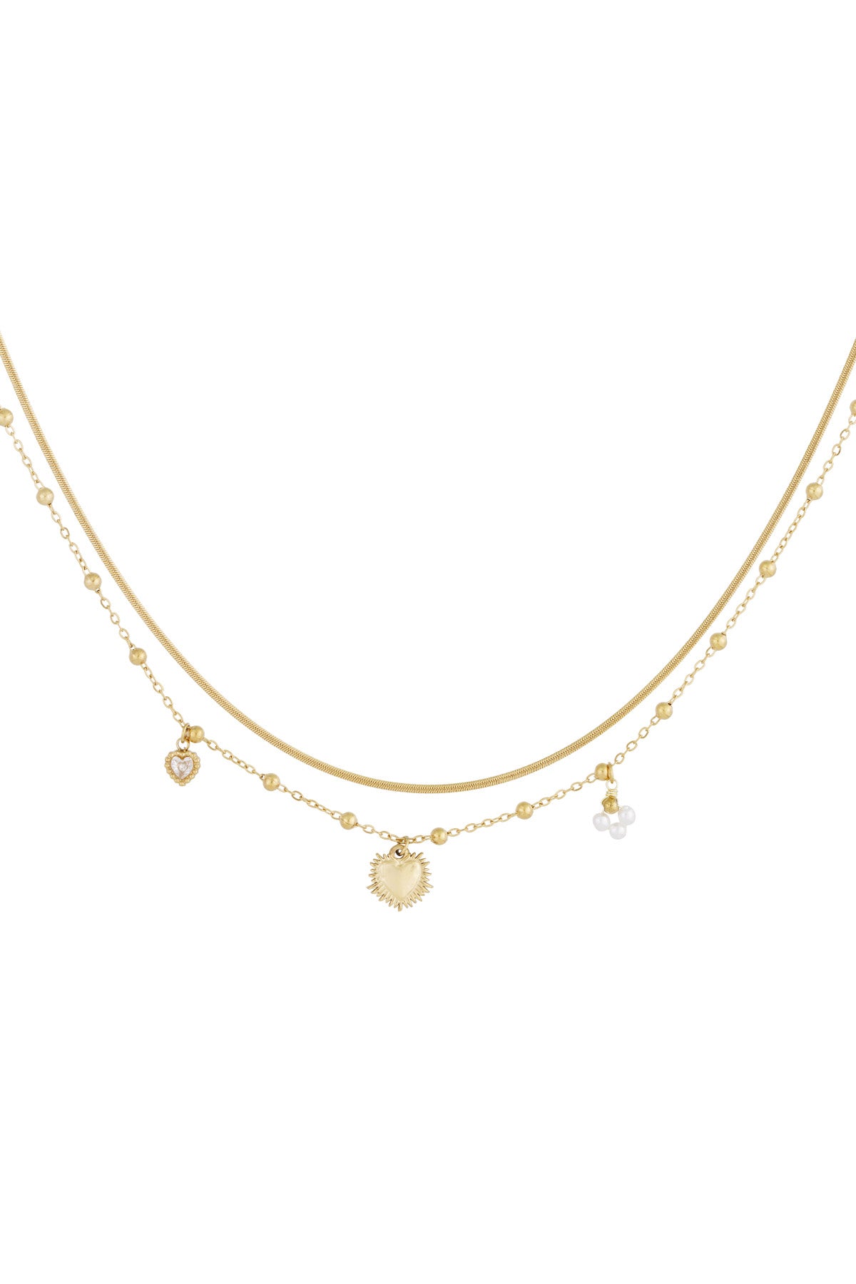 Gold-tone layered necklace with heart charm, beaded chain, and pearl cluster on white background