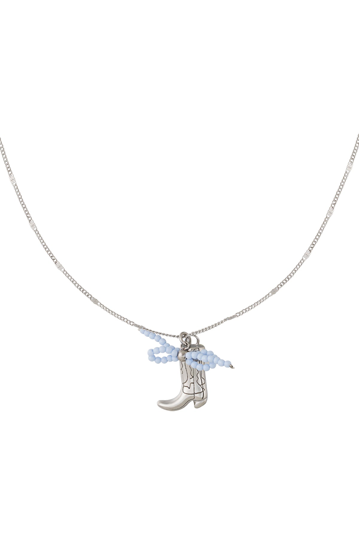 Silver-tone cowboy boot pendant necklace with pale blue beaded bow on delicate chain