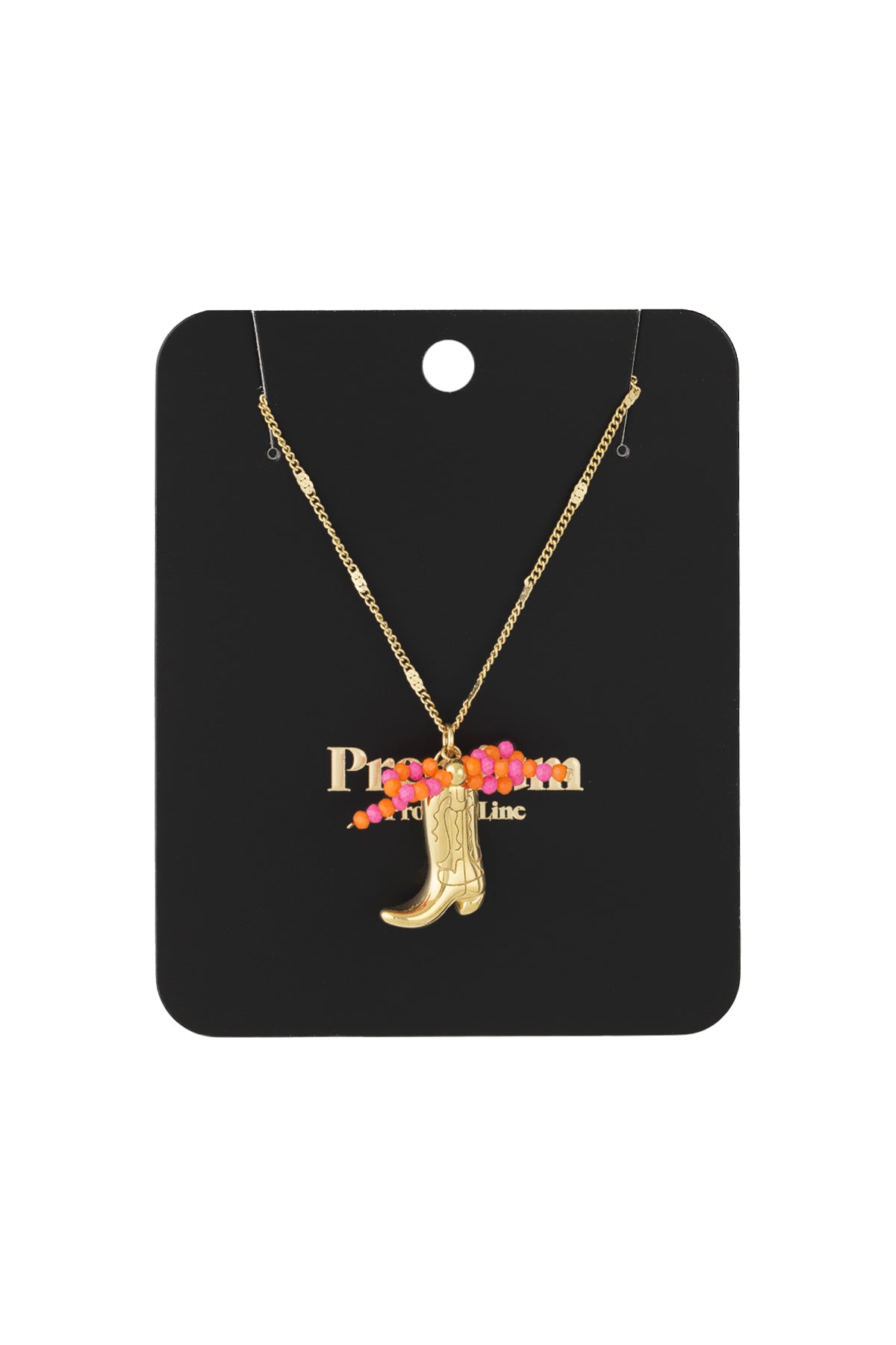 Gold cowboy boot pendant necklace with pink and orange beaded bow displayed on black card