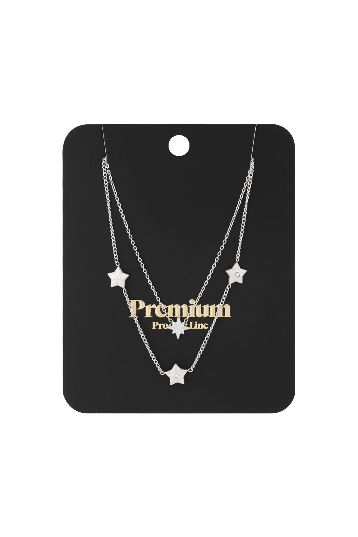 Silver layered star necklace with delicate star charms and rhinestones on white background