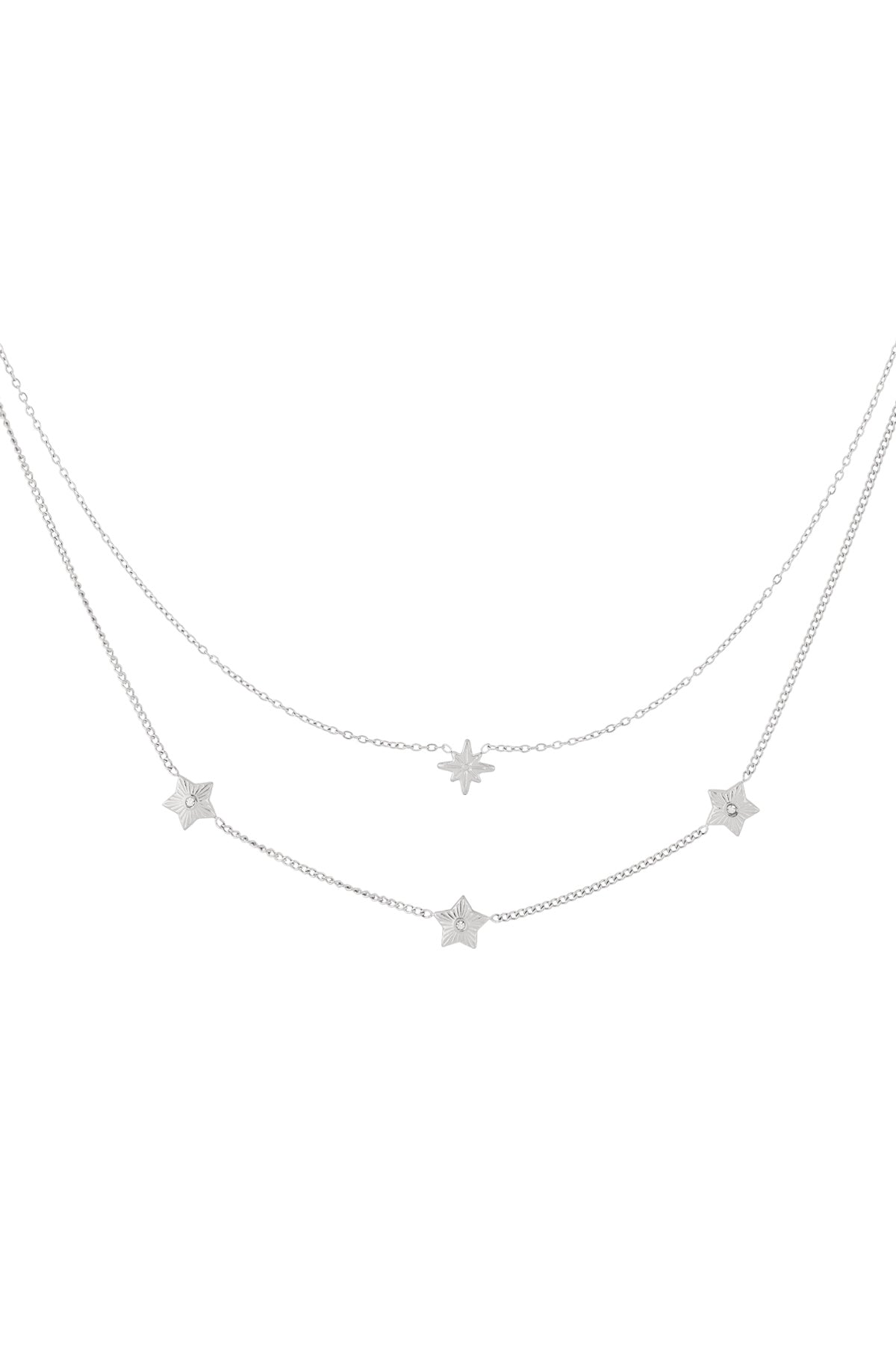 Minimal Star Clean Stack silver double-layer necklace featuring dainty star charms with central crystal accents.