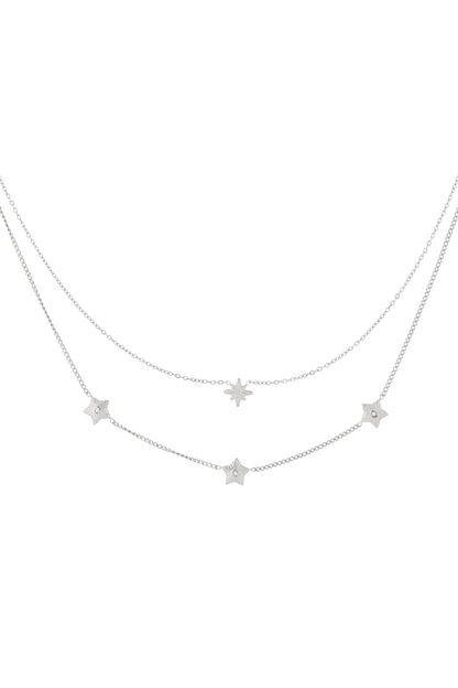 Minimal Star Clean Stack silver double-layer necklace featuring dainty star charms with central crystal accents.