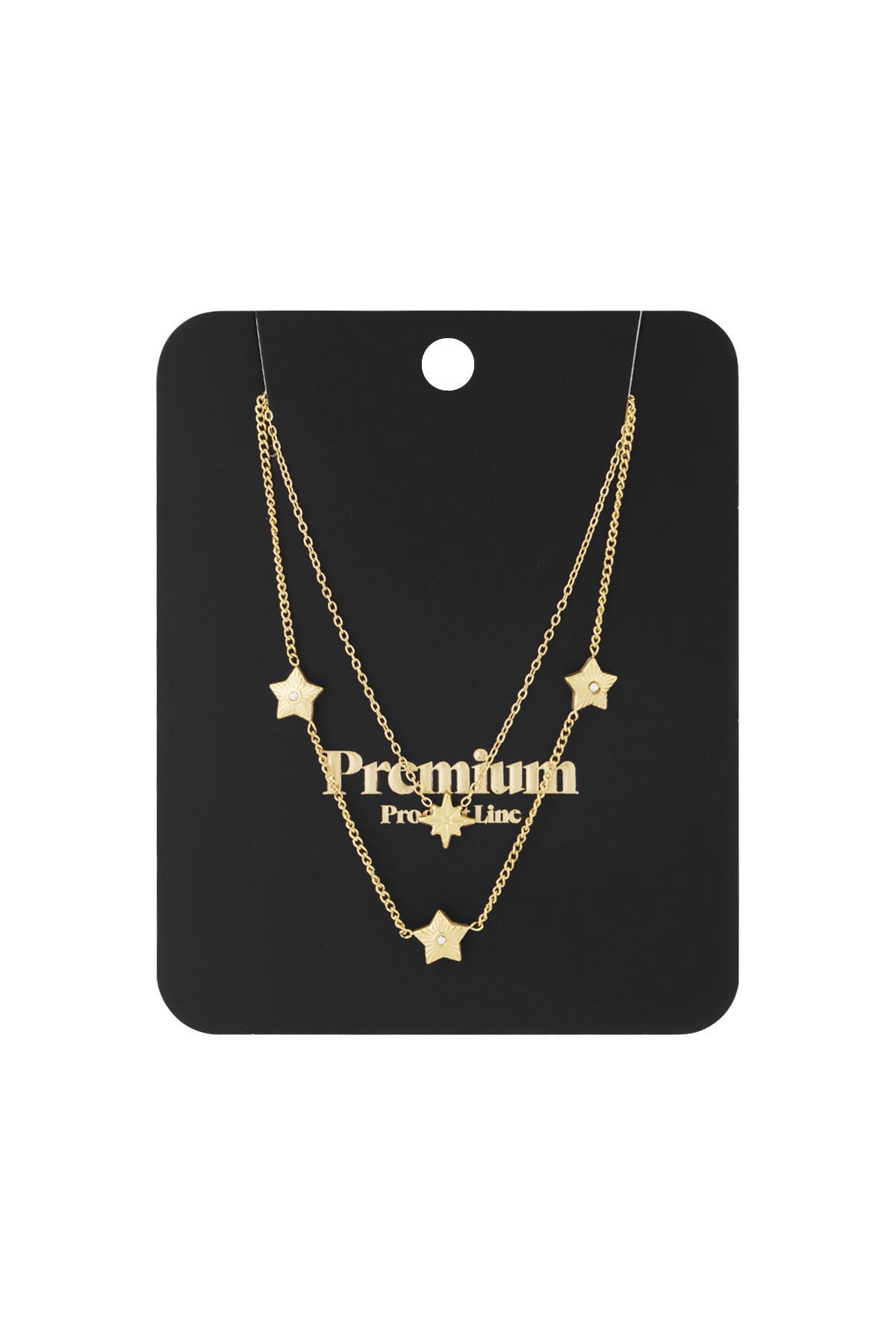 Gold layered star necklace displayed on black premium product card