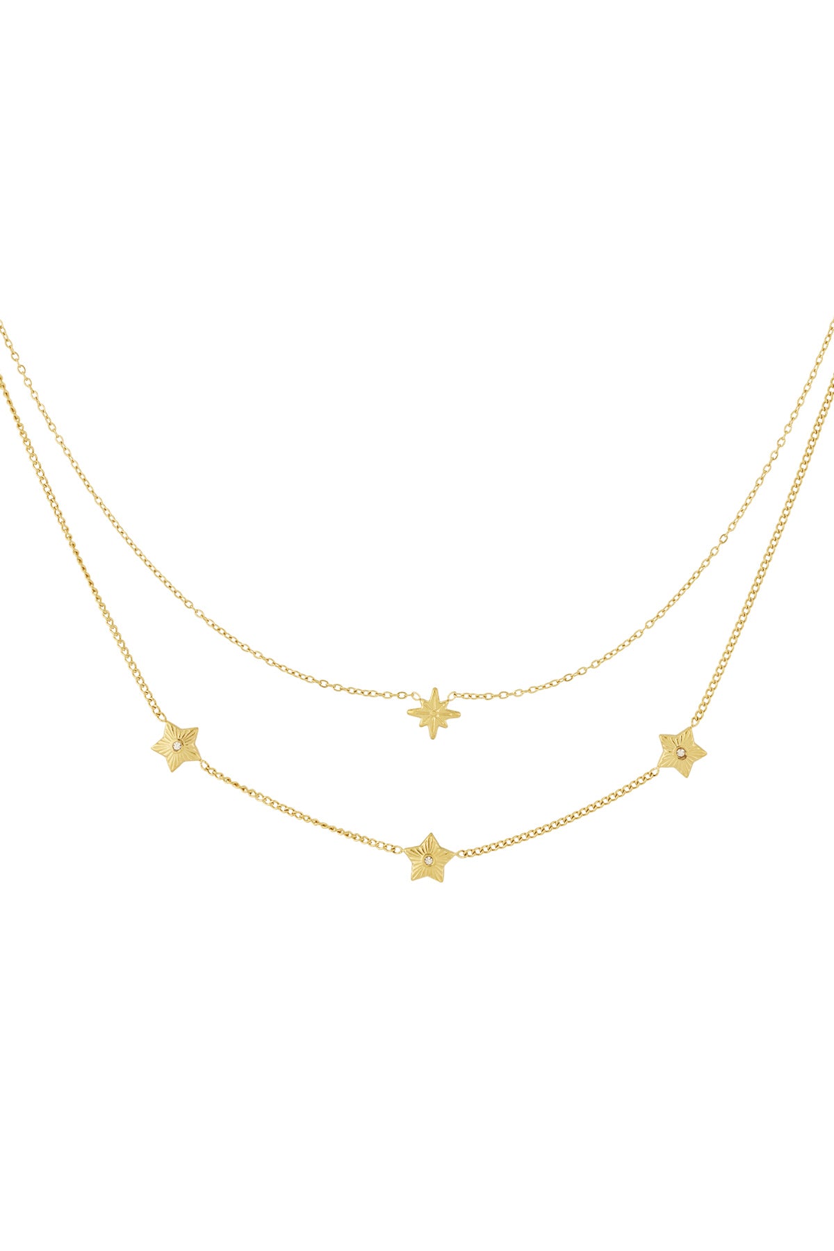 Close-up of gold multi-layered star necklace with star charms and rhinestones