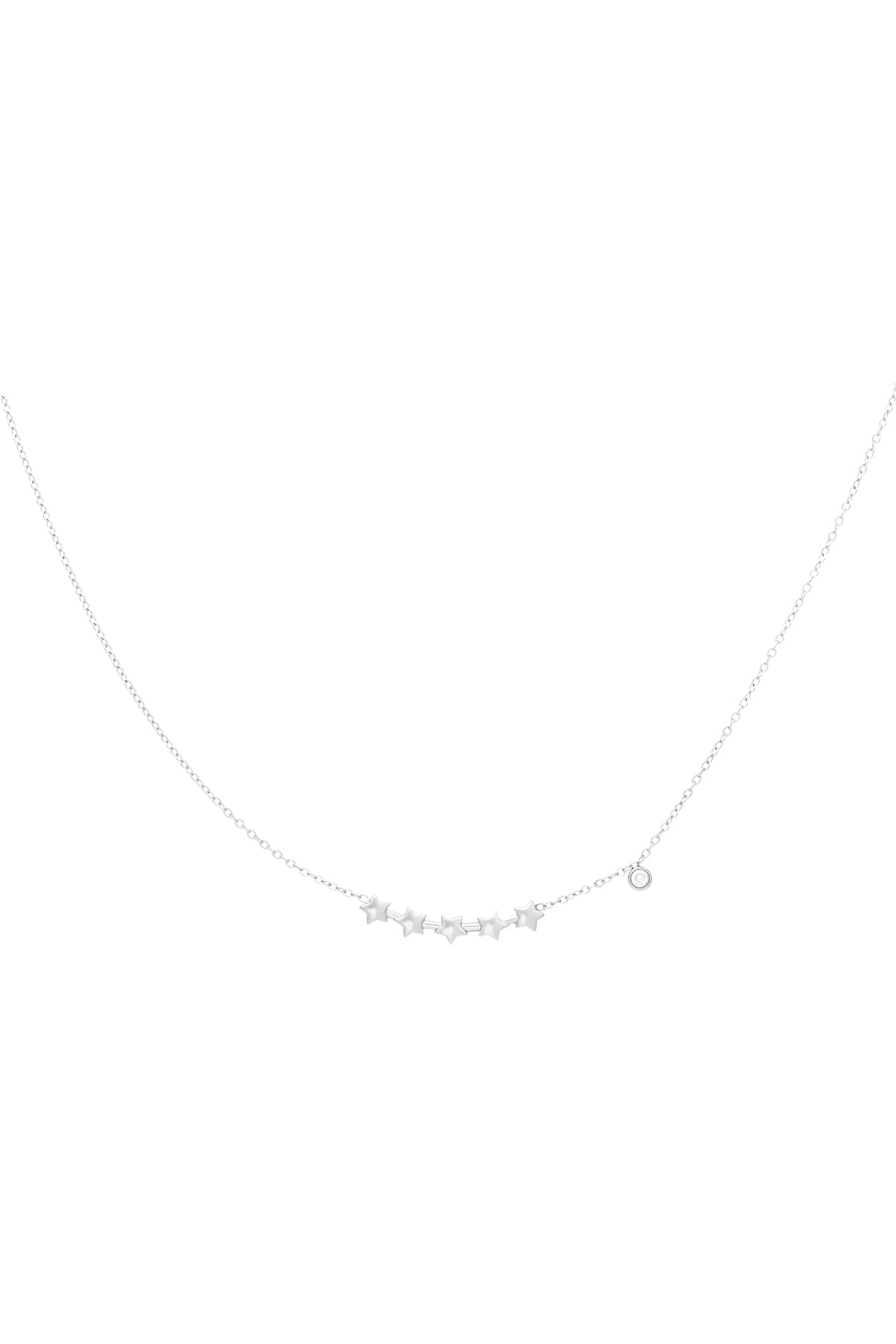 Silver chain necklace with five star charms and a crystal accent charm shown on a white background