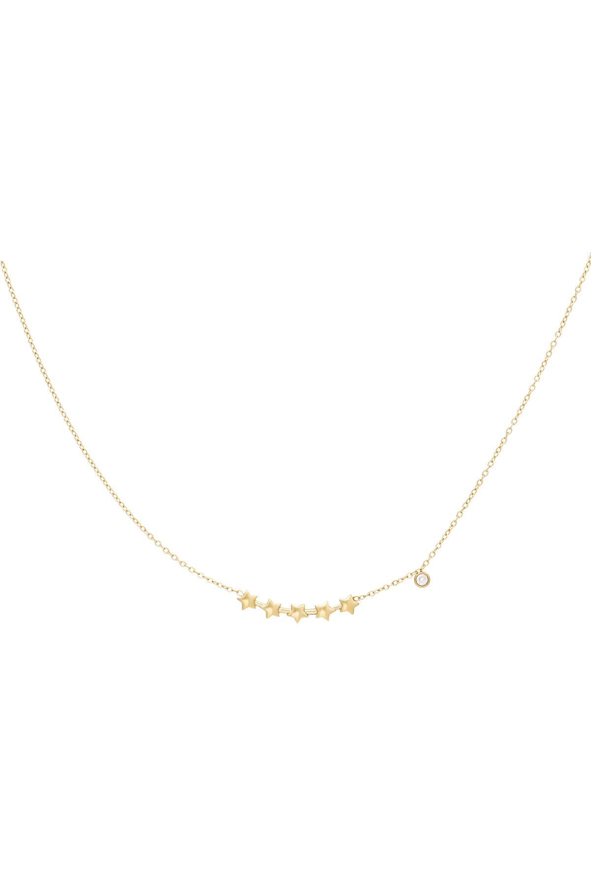 Gold chain necklace featuring a delicate row of five star charms and a small crystal accent charm on a white background