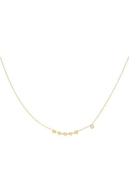 Gold chain necklace featuring a delicate row of five star charms and a small crystal accent charm on a white background