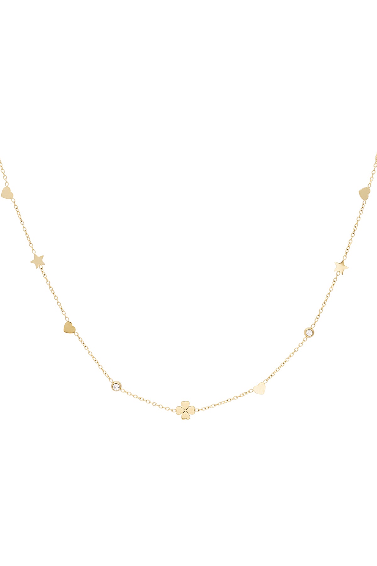 Gold-tone delicate necklace with alternating heart, star, and four-leaf clover charms on fine chain