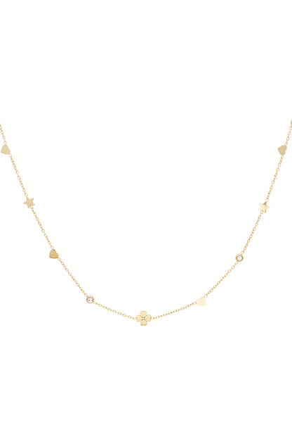Gold-tone delicate necklace with alternating heart, star, and four-leaf clover charms on fine chain