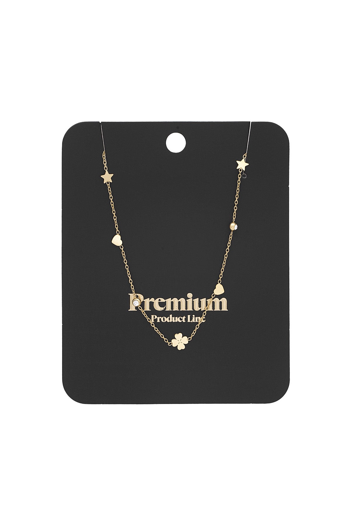 Gold-tone necklace displayed on black premium product card highlighting its charm details