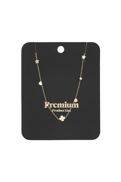 Gold-tone necklace displayed on black premium product card highlighting its charm details