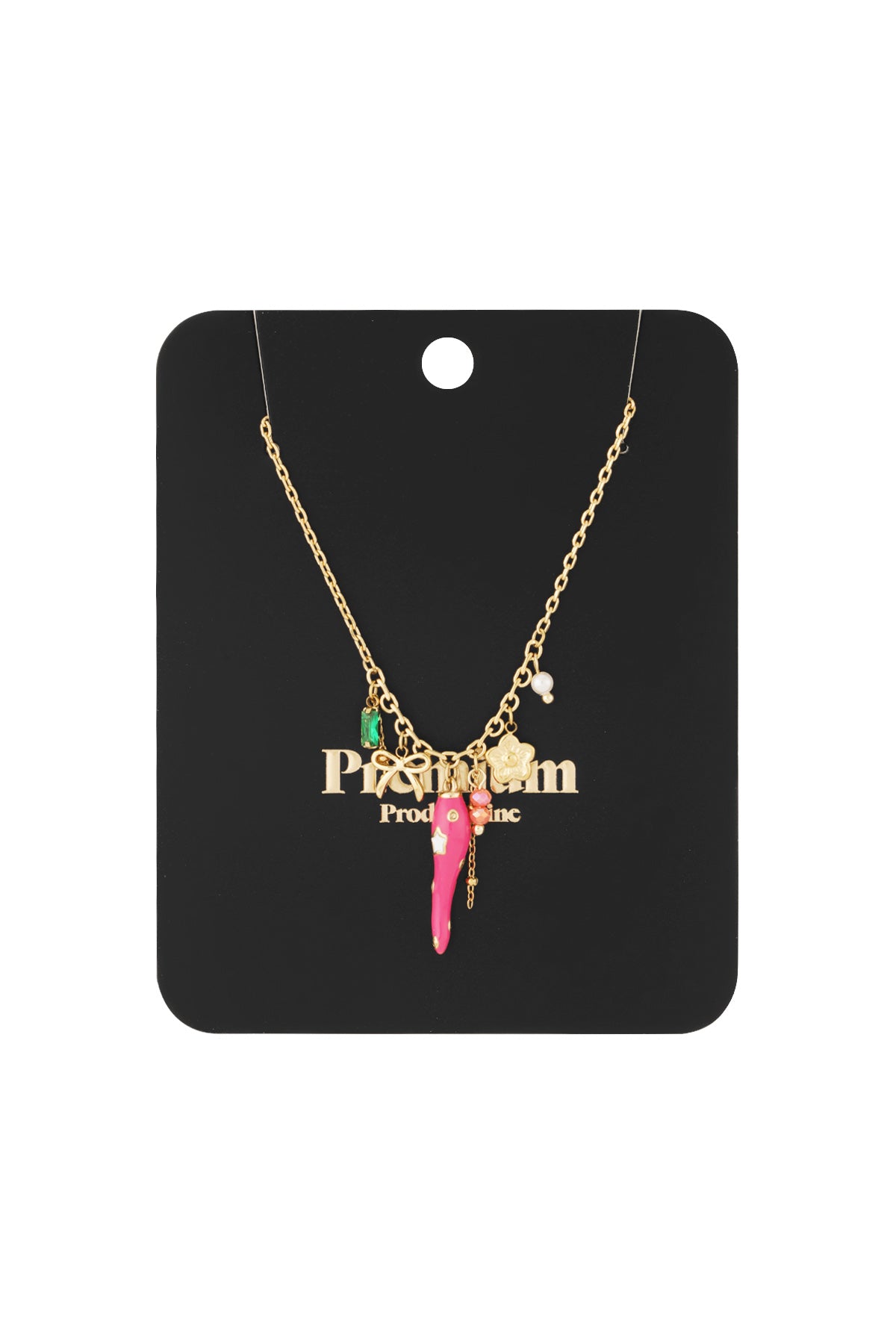 Packaged charm pendant necklace on black card with gold-tone chain and colourful charms including pink pepper and bow