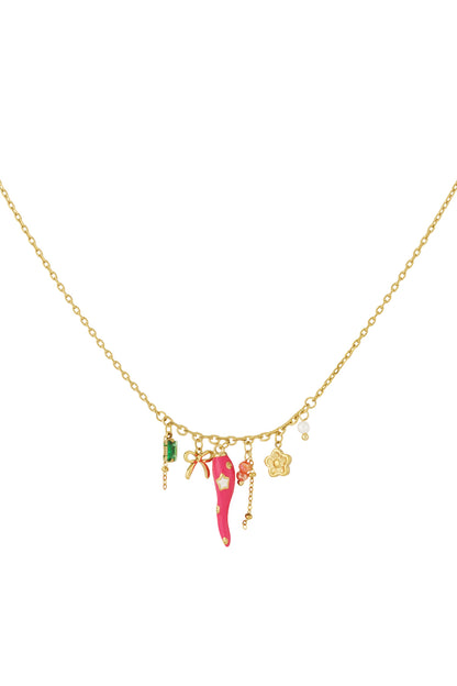 Gold-tone chain necklace with playful charms including pink pepper, bow, flower, beads, and green gem against white background