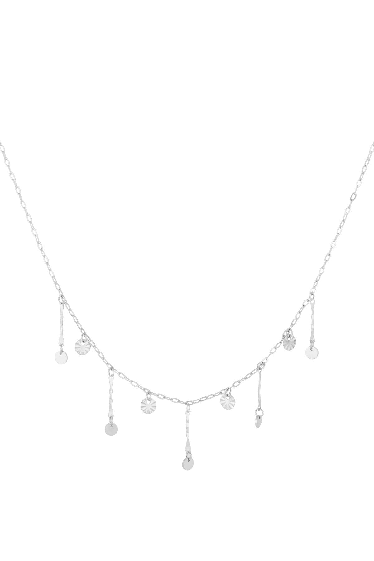 Silver version of the dainty disc charm necklace with alternating round and textured discs on chain