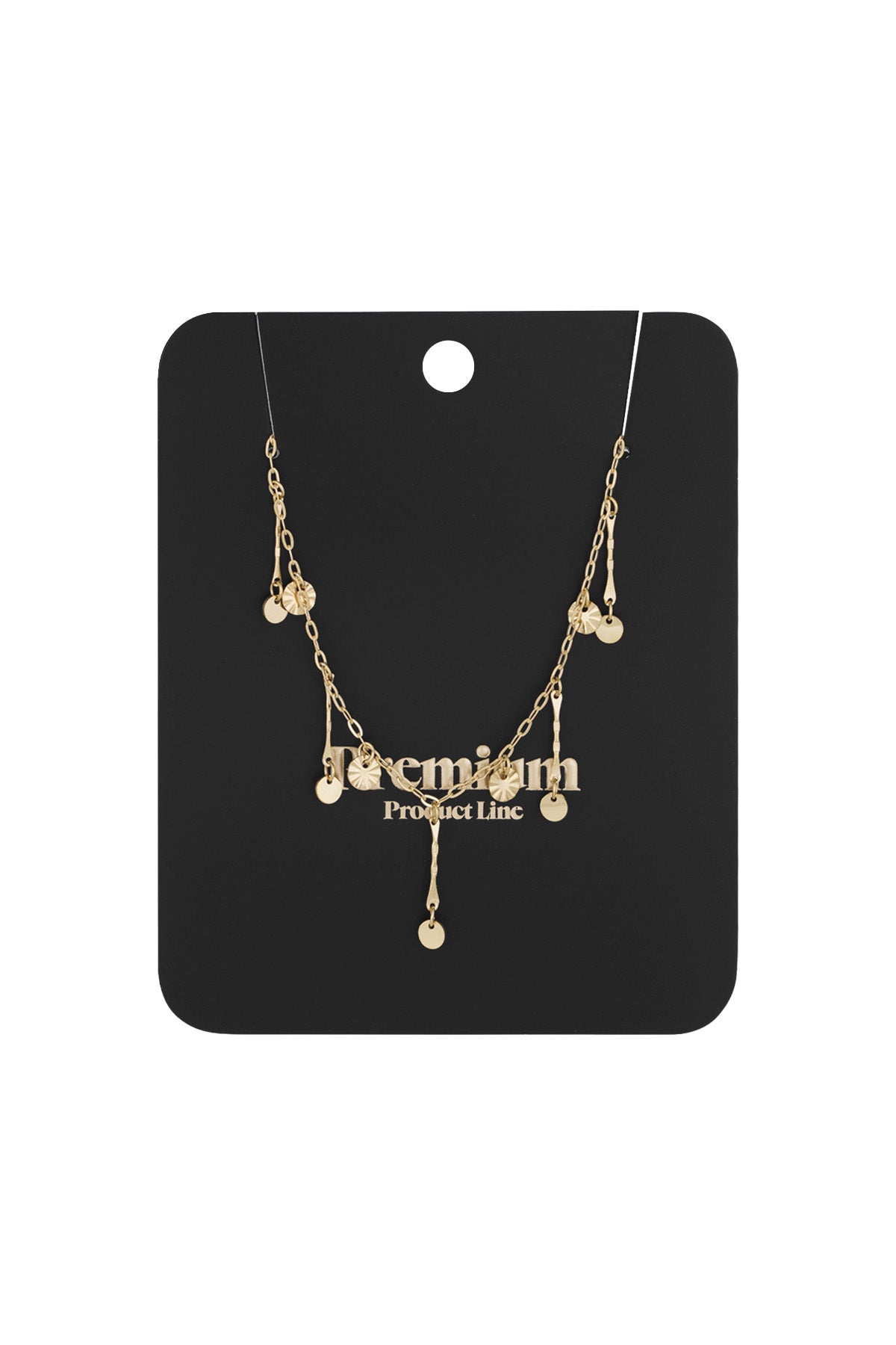 Gold charm necklace displayed on black boutique card packaging with 'Premium Product Line' text