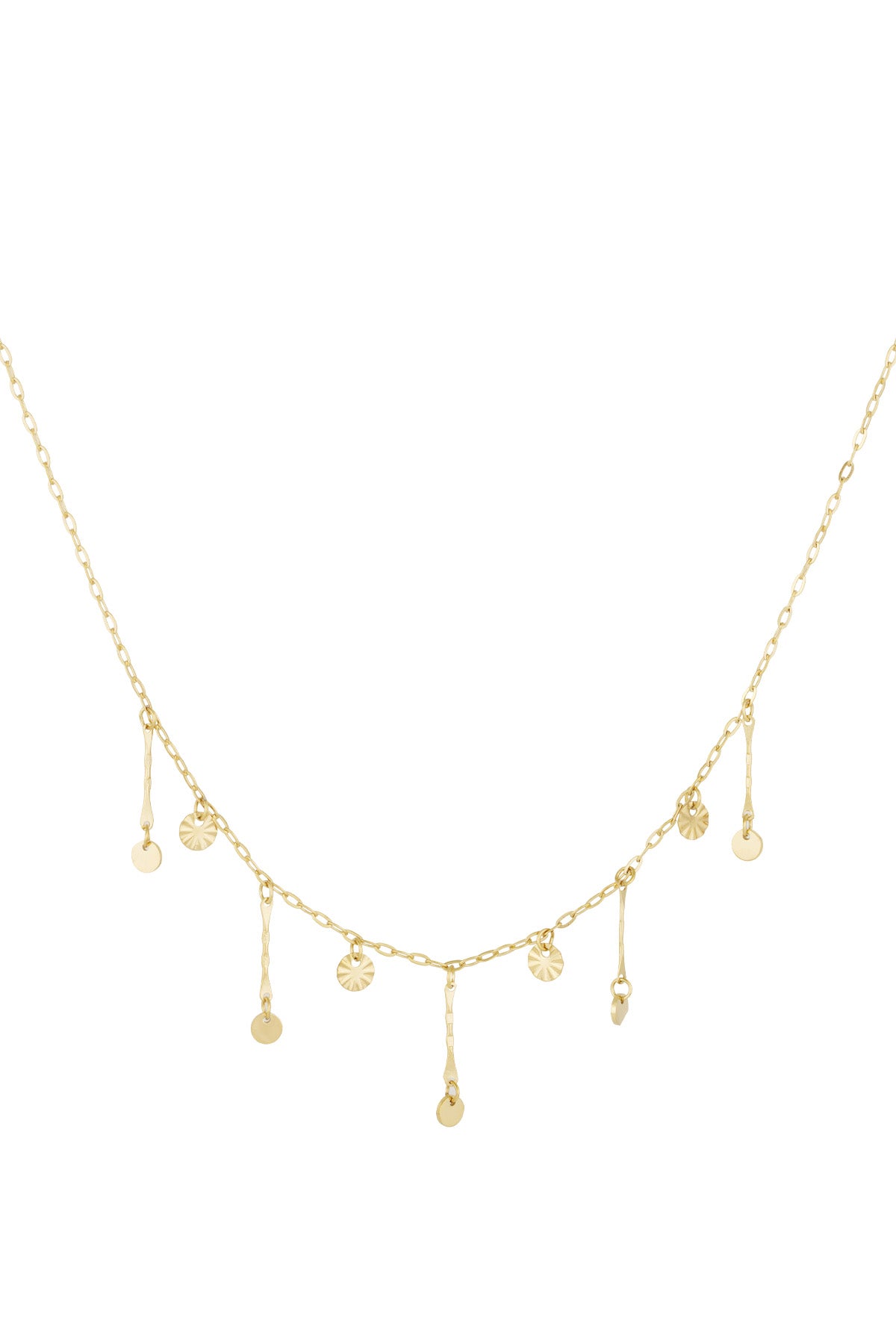 Gold dainty disc charm necklace with small round and textured pendants on delicate chain
