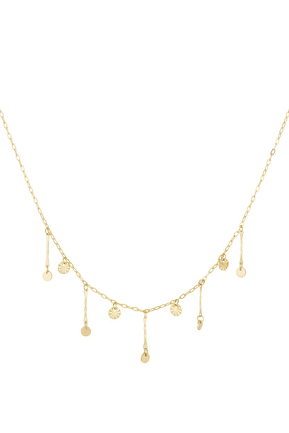 Gold dainty disc charm necklace with small round and textured pendants on delicate chain