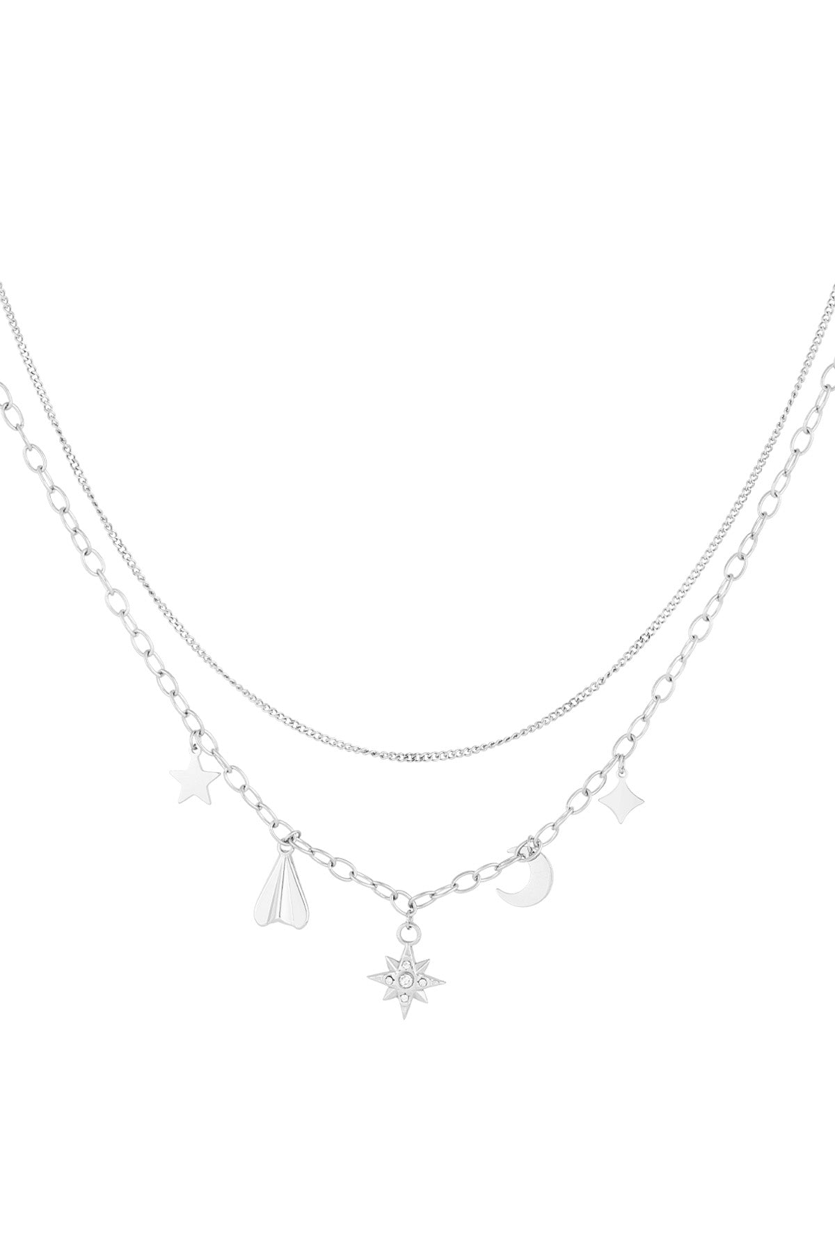 Silver layered necklace with celestial charms similar to the gold version on white background