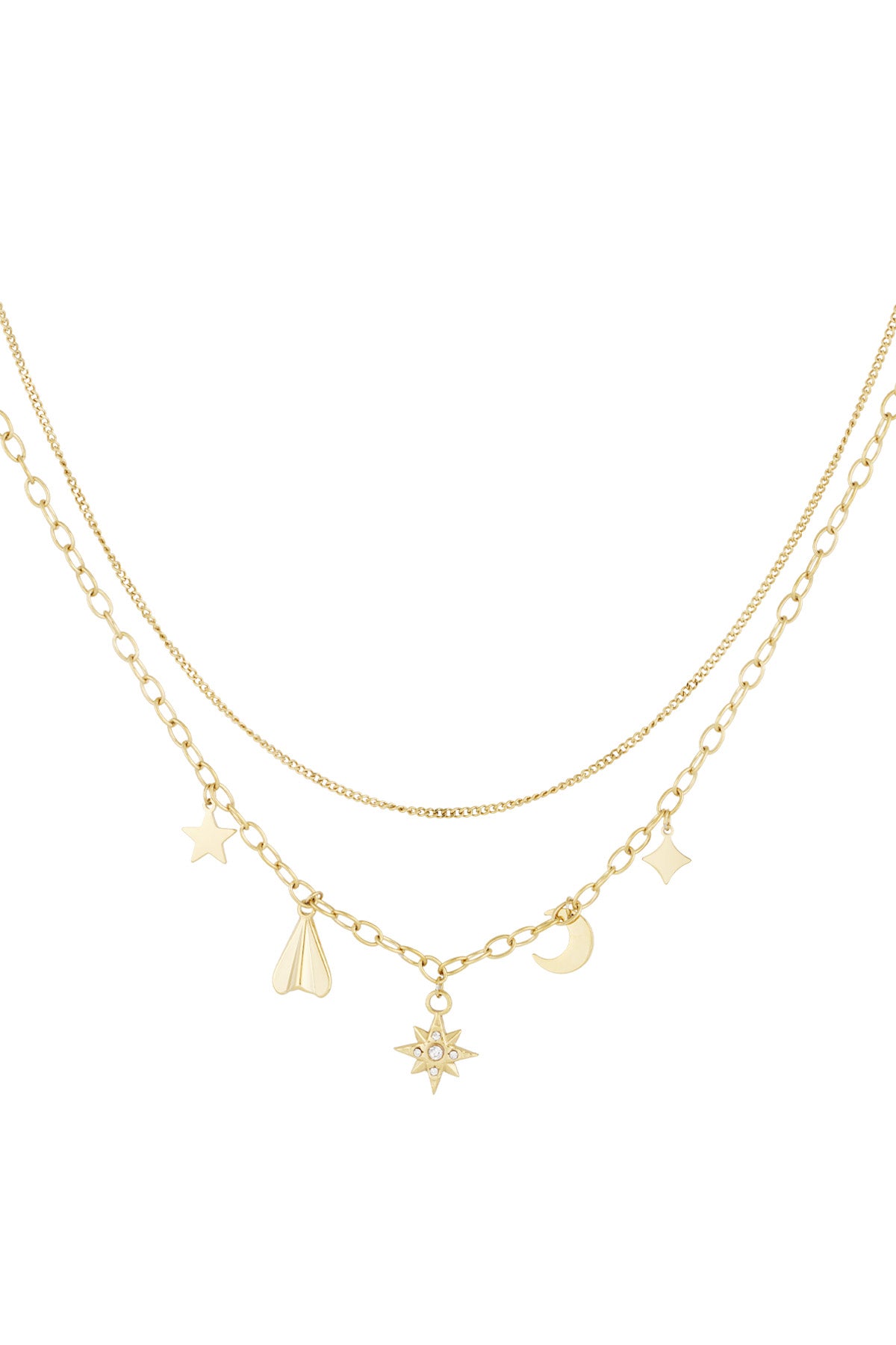 Gold layered necklace with delicate celestial charms including star, moon, and rhinestone star on white background