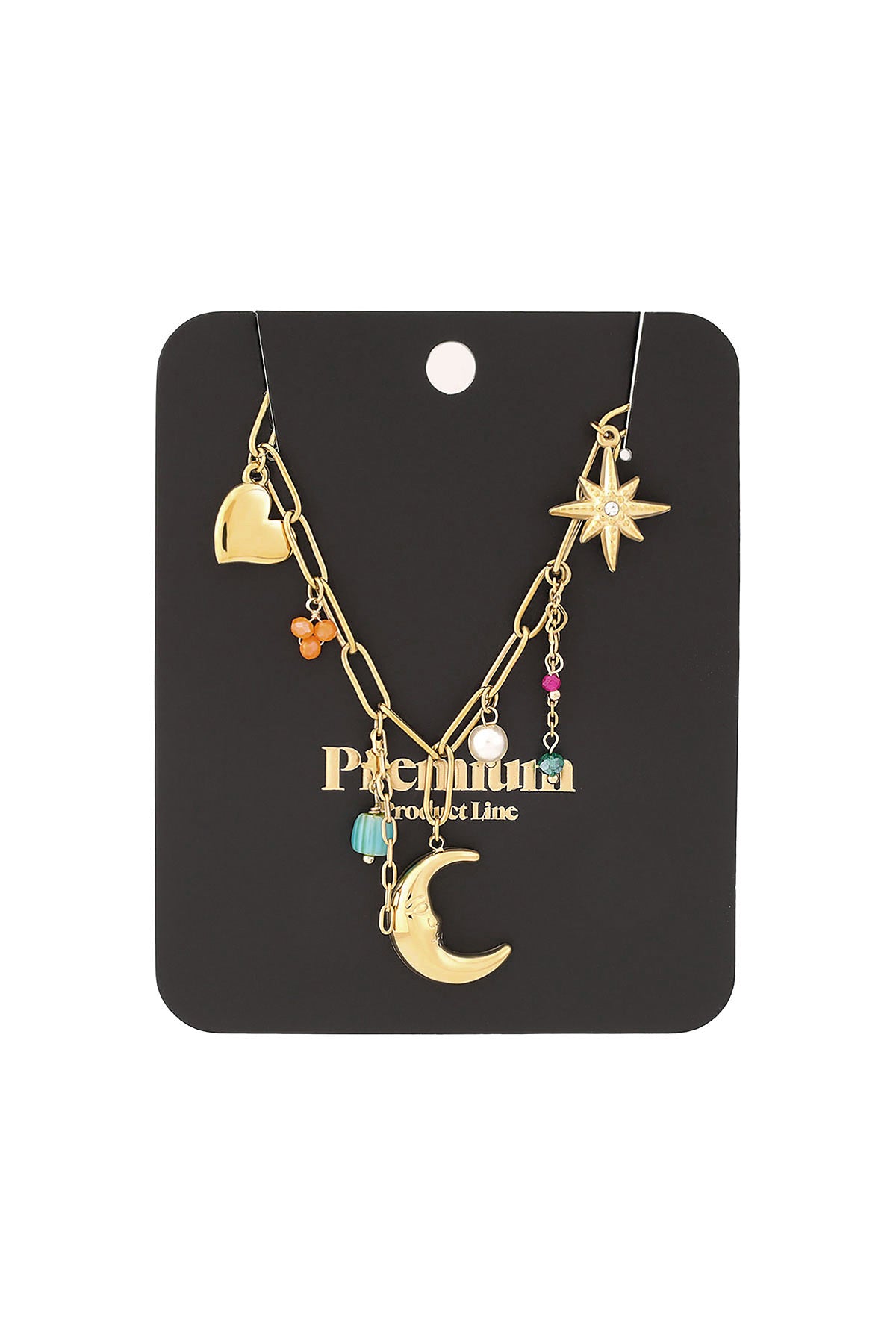 Gold pendant necklace displayed on black card with 'Premium' branding visible