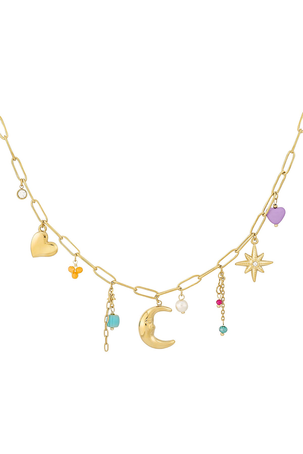 Gold-tone pendant necklace with moon, star, hearts and colourful charms on paperclip chain